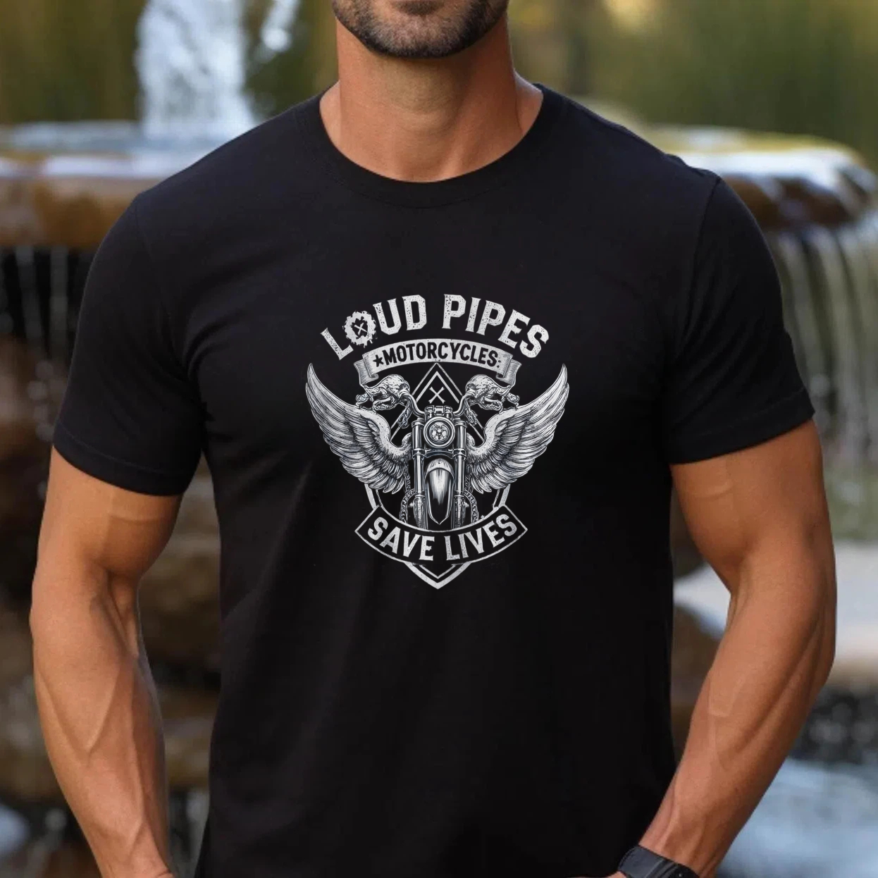 TEECURENT T-SHIRT  Loud Pipes Save Lives Motorcycles Wings Engine