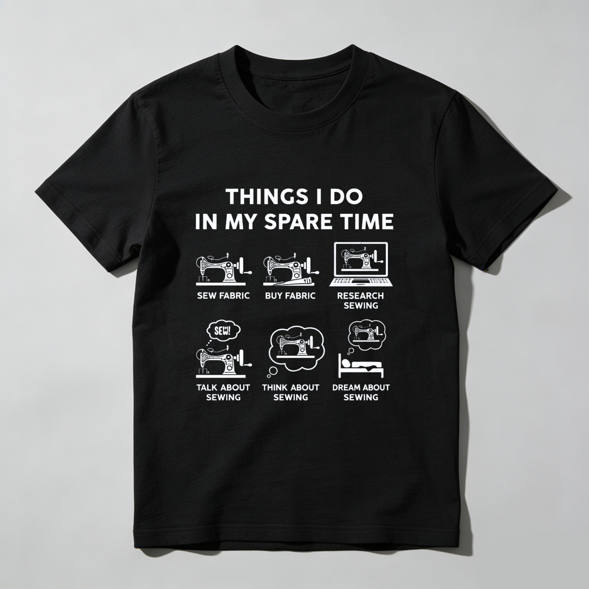 TEECURENT Things I Do In My Spare Time Sewing T-Shirt For Sewing Enthusiasts And Crafters With Fun Sewing Icons And Humorous Quotes WOMEN