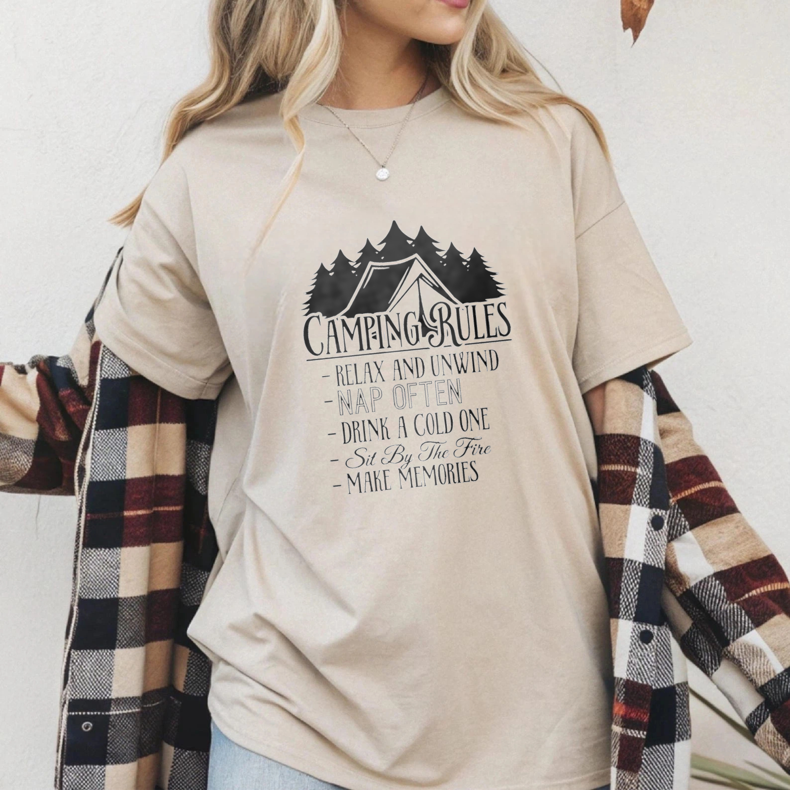 TEECURENT Camping Rules T Shirt Relax And Unwind Nap Often Drink A Cold One Sit By The Fire Make Memories Outdoor Adventure Tee WOMEN