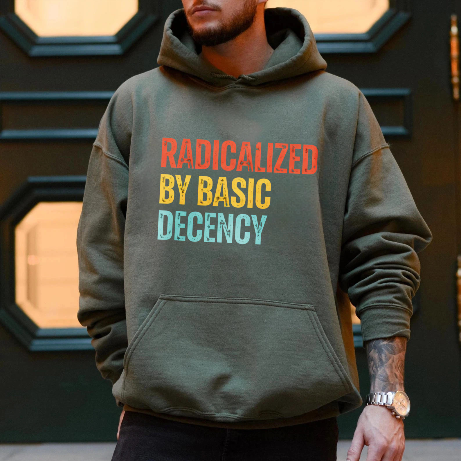 TEECURENT Gildan Radicalized By Basic Decency Hoodie Sweatshirt Black Unisex Casual Wear Statement Graphic Pullover Coat
