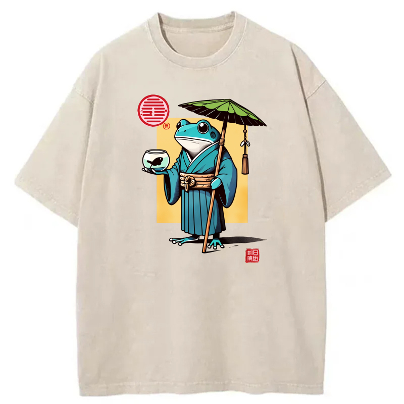 Frog In Kimono Holding Umbrella And Tea Cup tshirt 100% cotton