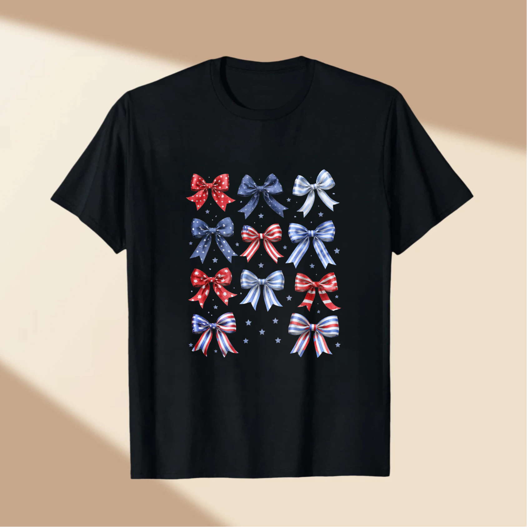 TEECURENT Patriotic Bow Pattern T-Shirt Red White And Blue Stars Design American Flag Inspired Casual Top WOMEN