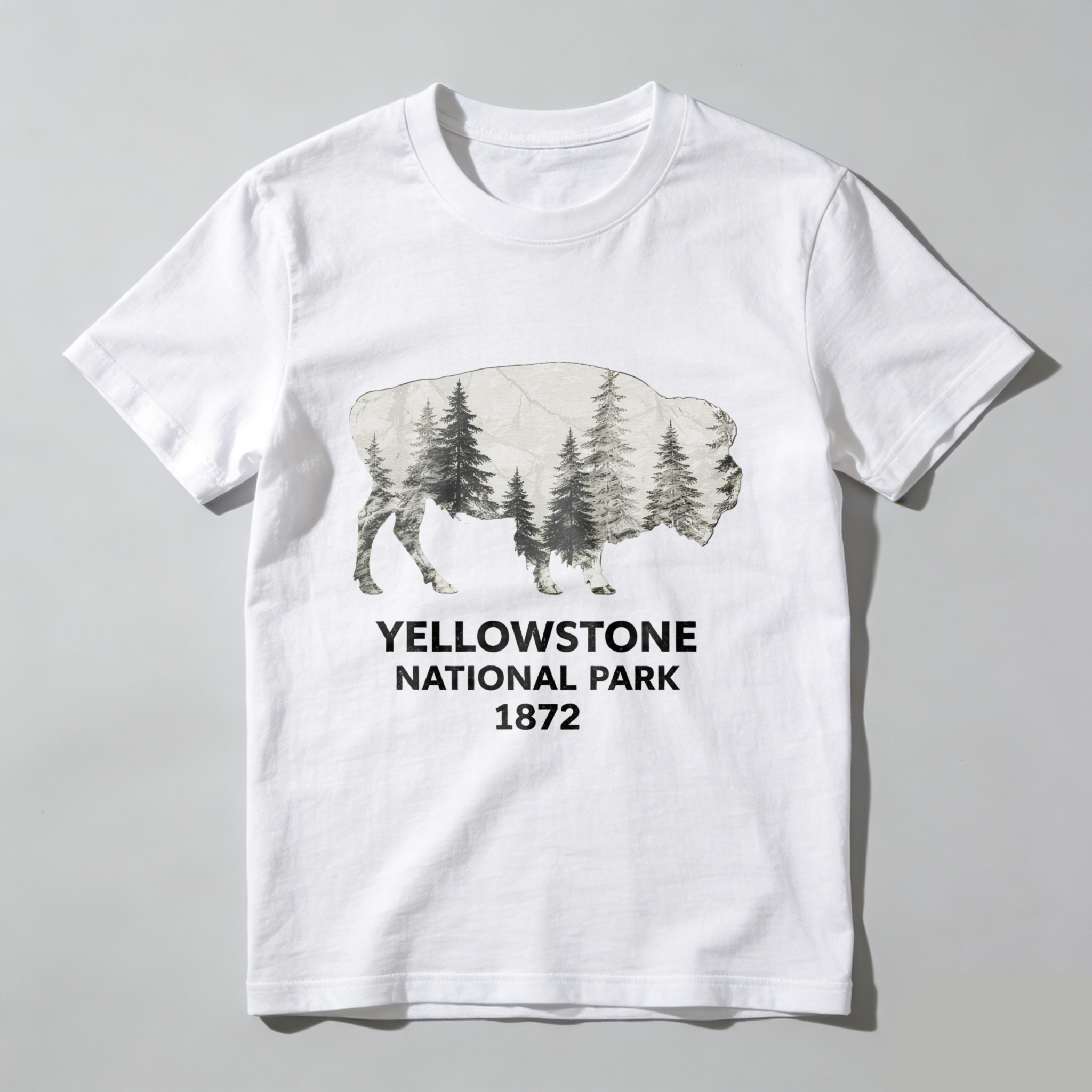 TEECURENT Yellowstone National Park Bison Forest Design T-Shirt 1872 Wildlife Nature Graphic Men's Black Shirt