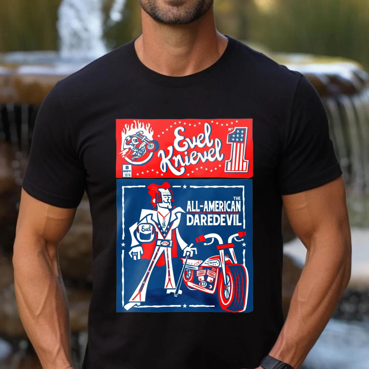 All American Daredevil Vintage Style Graphic T-Shirt Casual Top Retro Motorcycle Stunt Rider Design Cotton T-Shirt