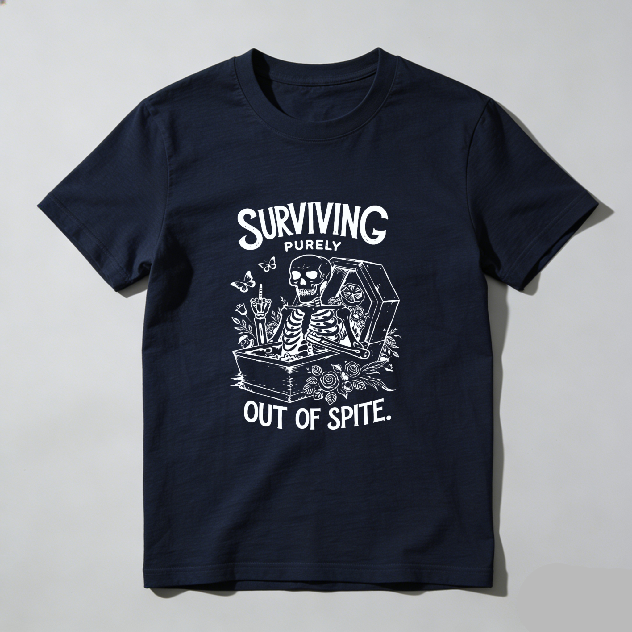 TEECURENT Surviving Purely Out Of Spite Skeleton In Coffin Graphic T-Shirt WOMEN