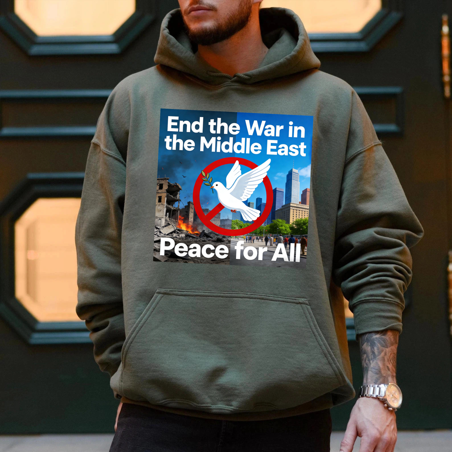 TEECURENT End The War In The Middle East Peace For All Hoodie With Dove And Cityscape Design