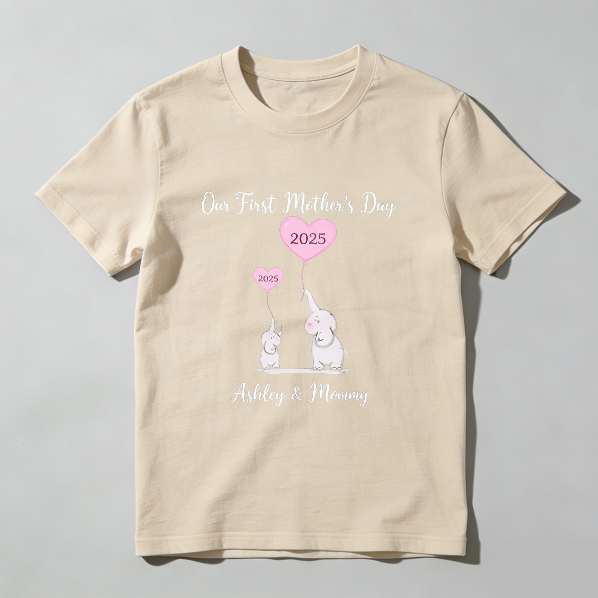 TEECURENT Our First Mothers Day 2025 Elephant Mom And Baby Shirt Ashley And Mommy Custom Motherhood Gift T-Shirt WOMEN