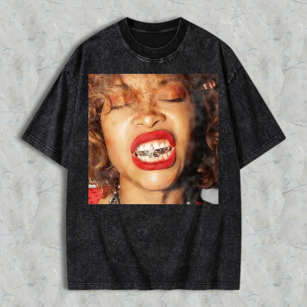 Woman With Red Lipstick And Braces Unisex Washed T-shirt