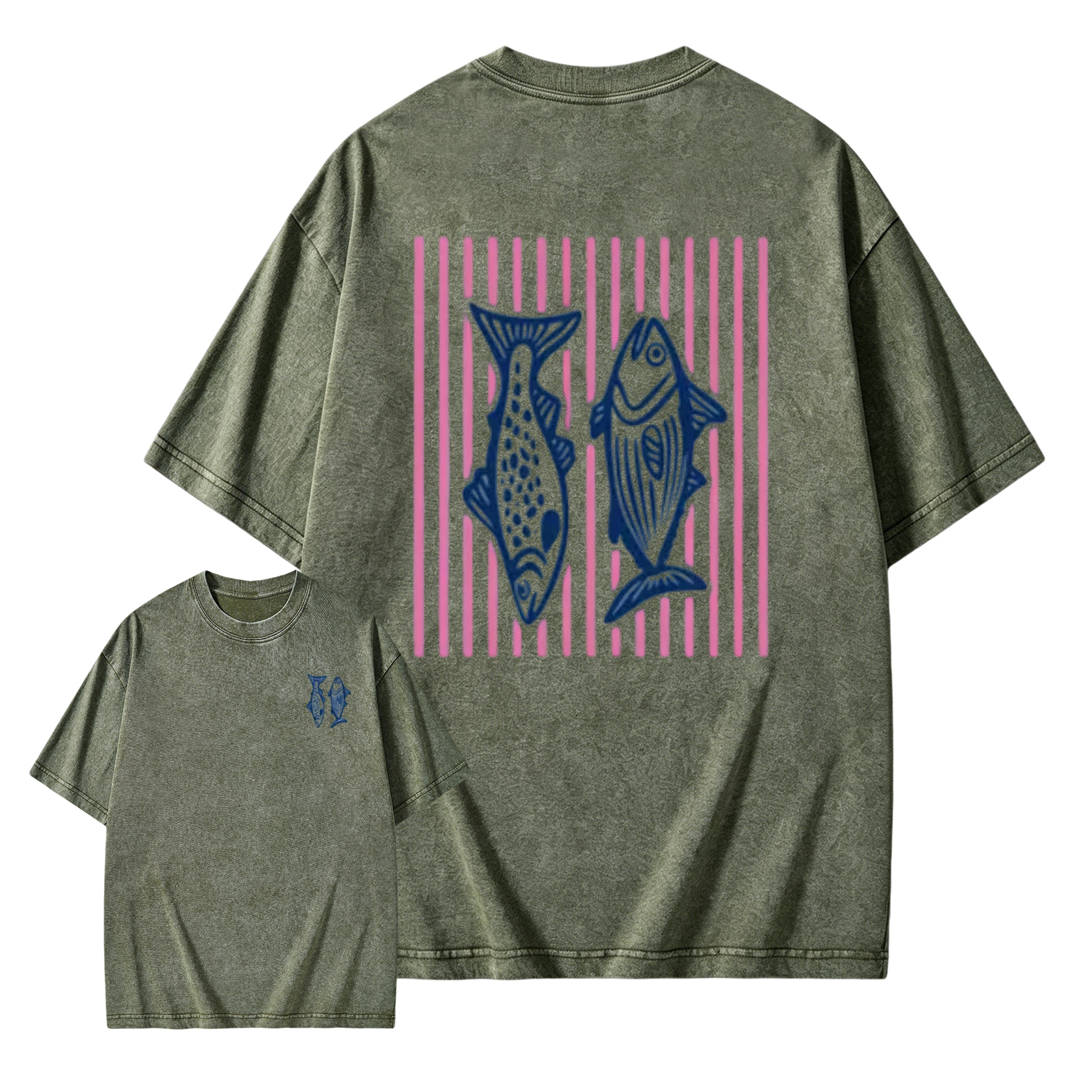 Holafish Heavyweight Cotton Crewneck Streetwear T‑Shirt, Retro Acid Wash Pink Striped Dual‑Side Fish Graphic Printed Unisex Fashion Tees summervibes Casual Top