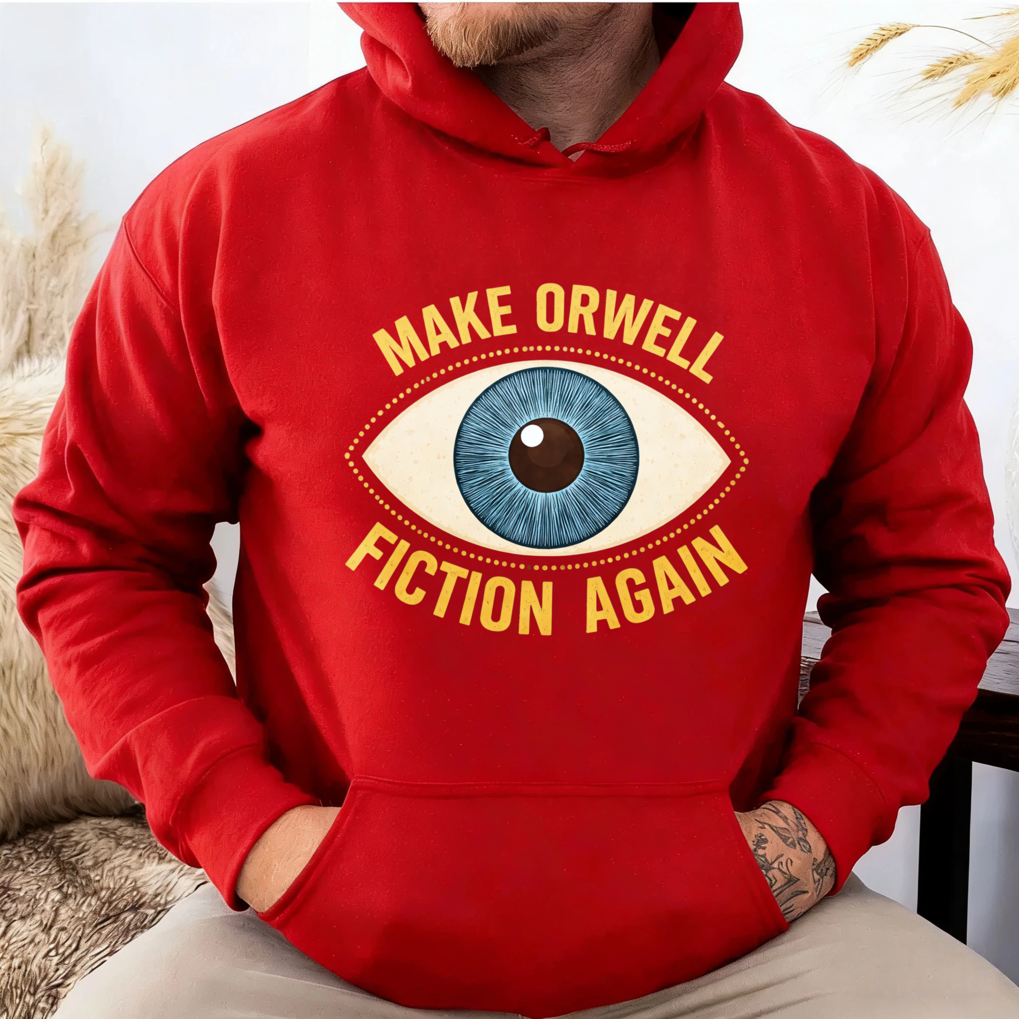 TEECURENT Gildan Make Orwell Fiction Again Hoodie With Eye Graphic Black Sweatshirt For Men Women Unisex Casual Wear Book Lovers Gift