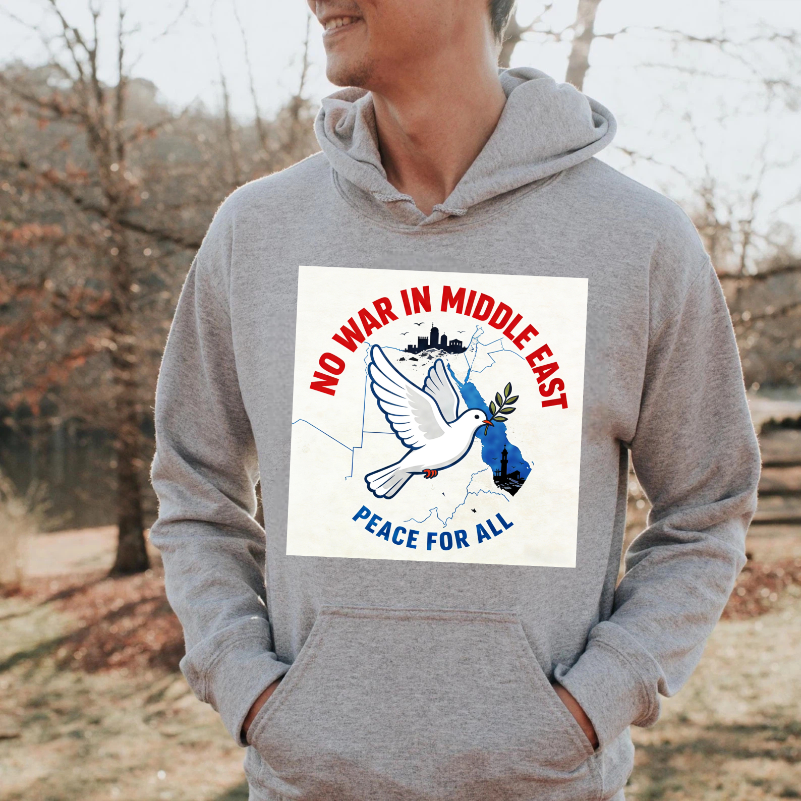 TEECURENT No War In Middle East Peace For All Hoodie Anti War Message Sweatshirt For Men Women Unisex Pullover With Dove And Olive Branch Design