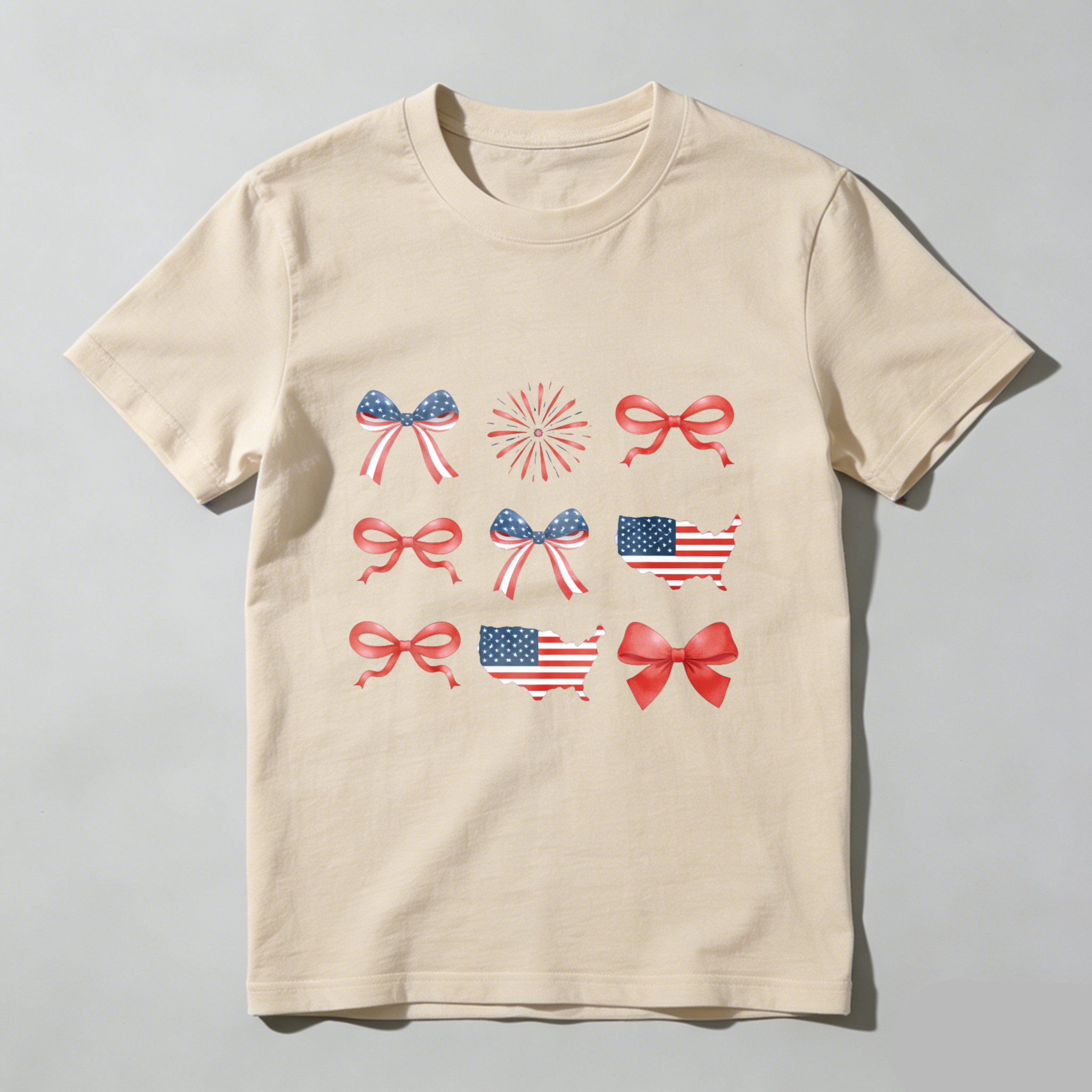 TEECURENT Patriotic Usa Flag Bow Fireworks Map T Shirt Independence Day Celebration Apparel WOMEN