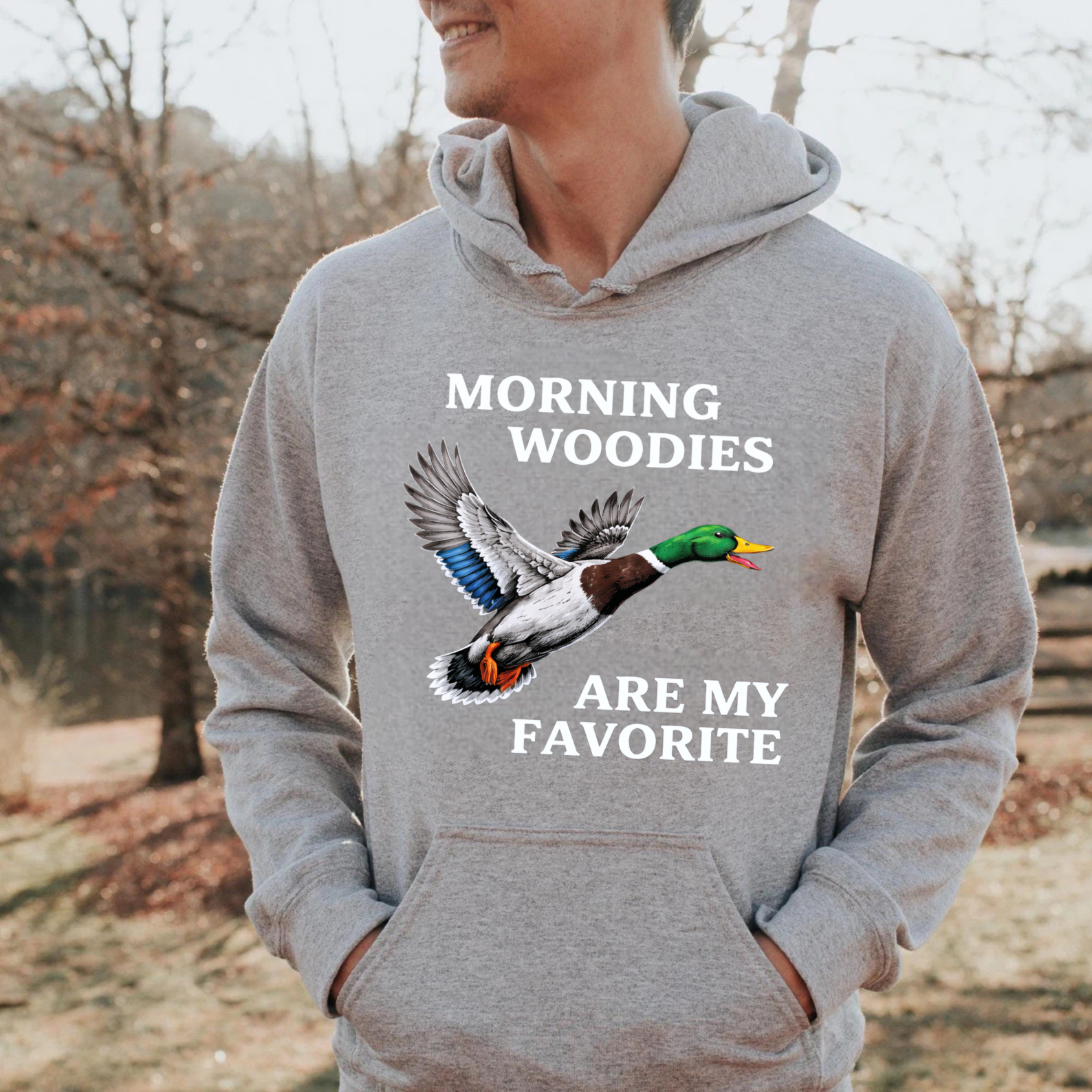 TEECURENT Gildan Morning Woodies Are My Favorite Duck Hunting Hoodie For Men And Women Outdoor Apparel With Funny Slogan And Bird Graphic Design