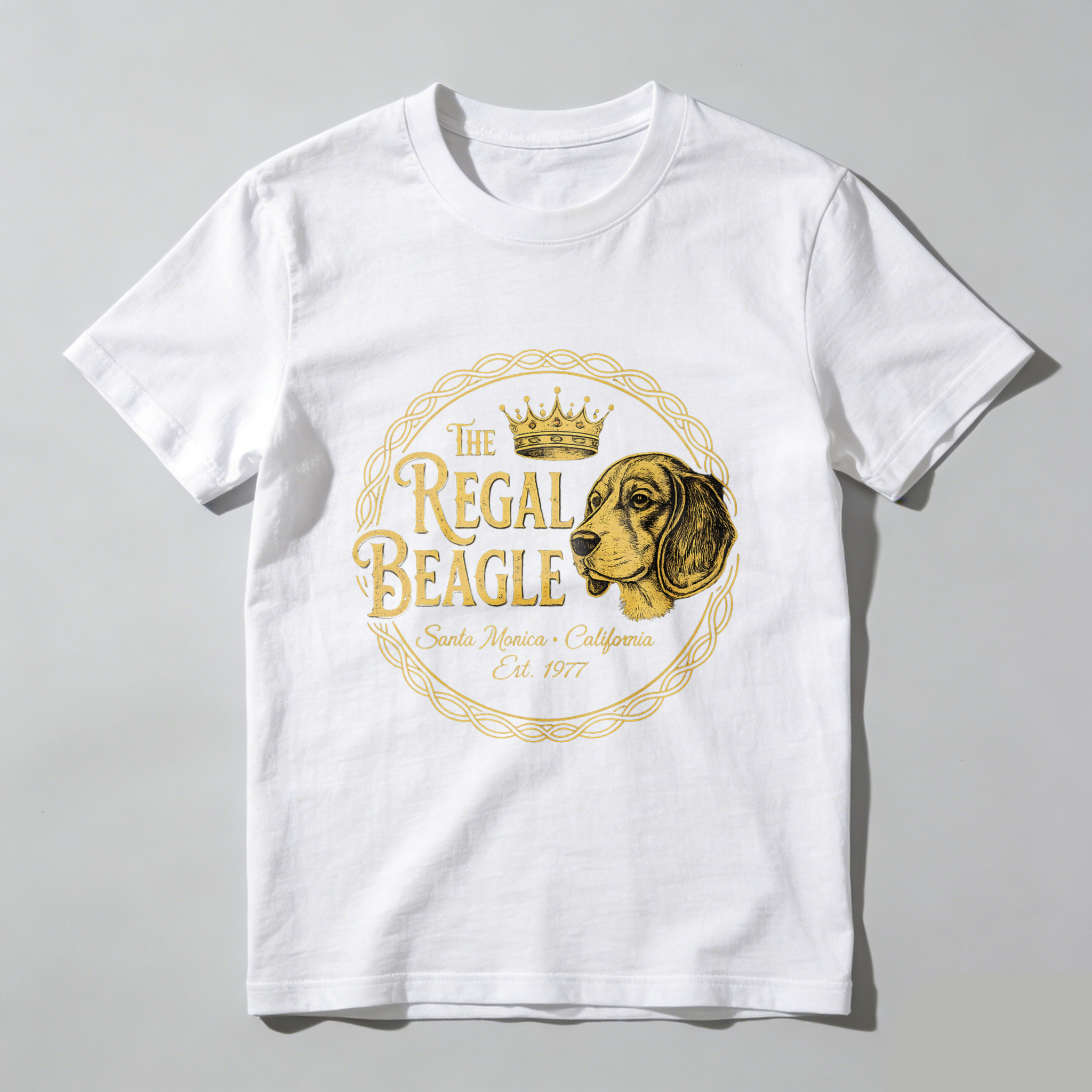 TEECURENT The Regal Beagle Dog T-Shirt Santa Monica California Established 1977 Vintage Canine Graphic Tee Black Gold Design