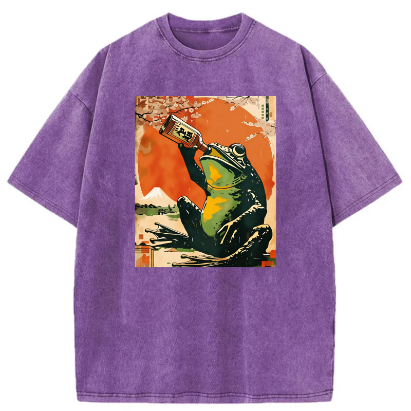 Frog Drinking Sake Under Cherry Blossoms tshirt 100% cotton