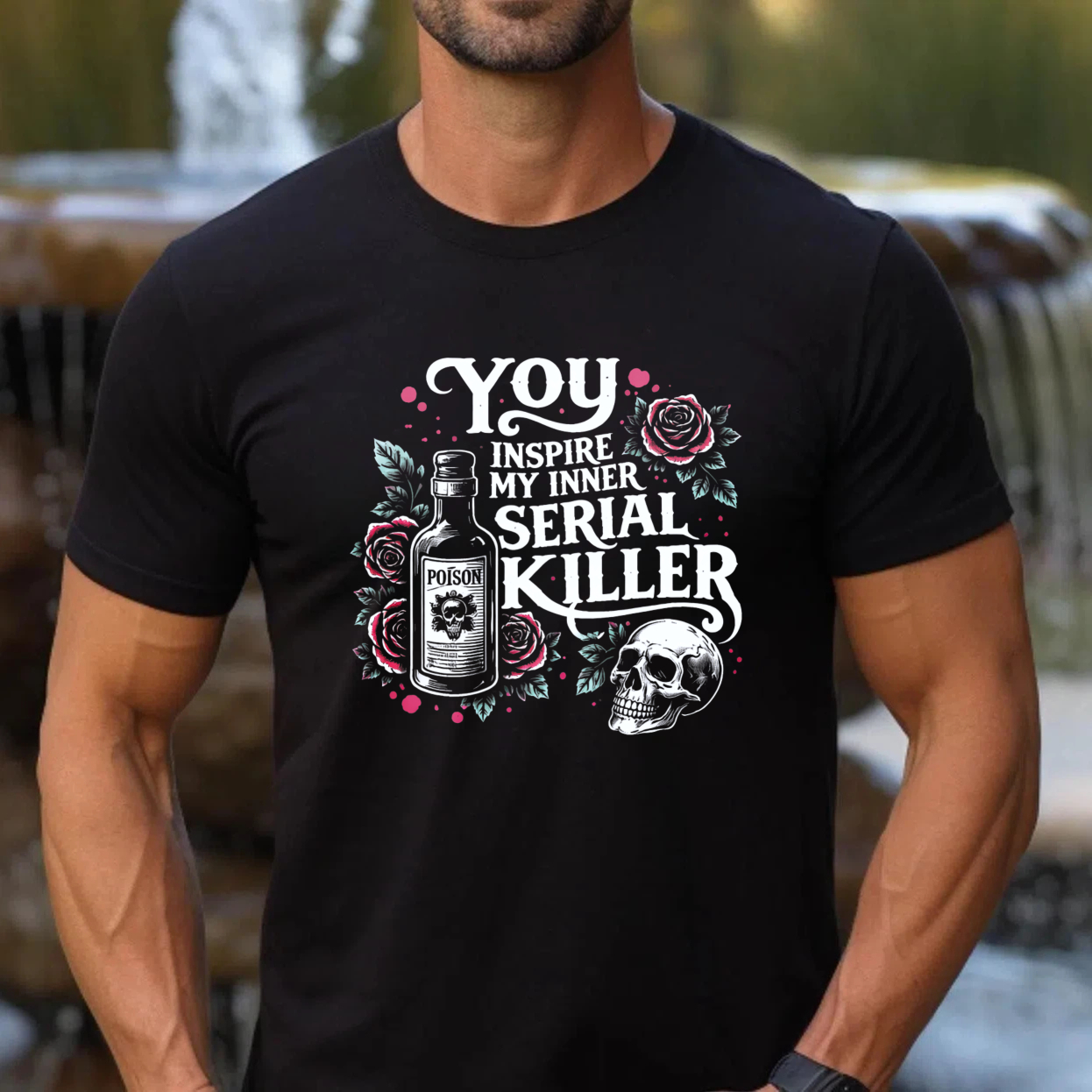 TEECURENT You Inspire My Inner Serial Killer T-Shirt With Poison Bottle And Skull Design Black Graphic Tee