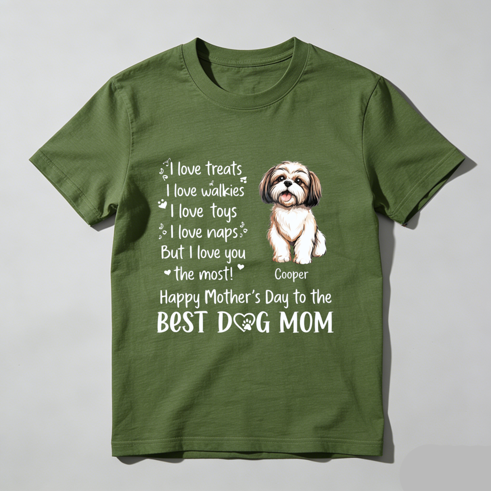 TEECURENT Happy Mothers Day To The Best Dog Mom T Shirt With Shih Tzu Design And Personalized Name Cooper I Love Treats Walkies Toys Naps But I Love You The Most Gift For Dog Lover WOMEN