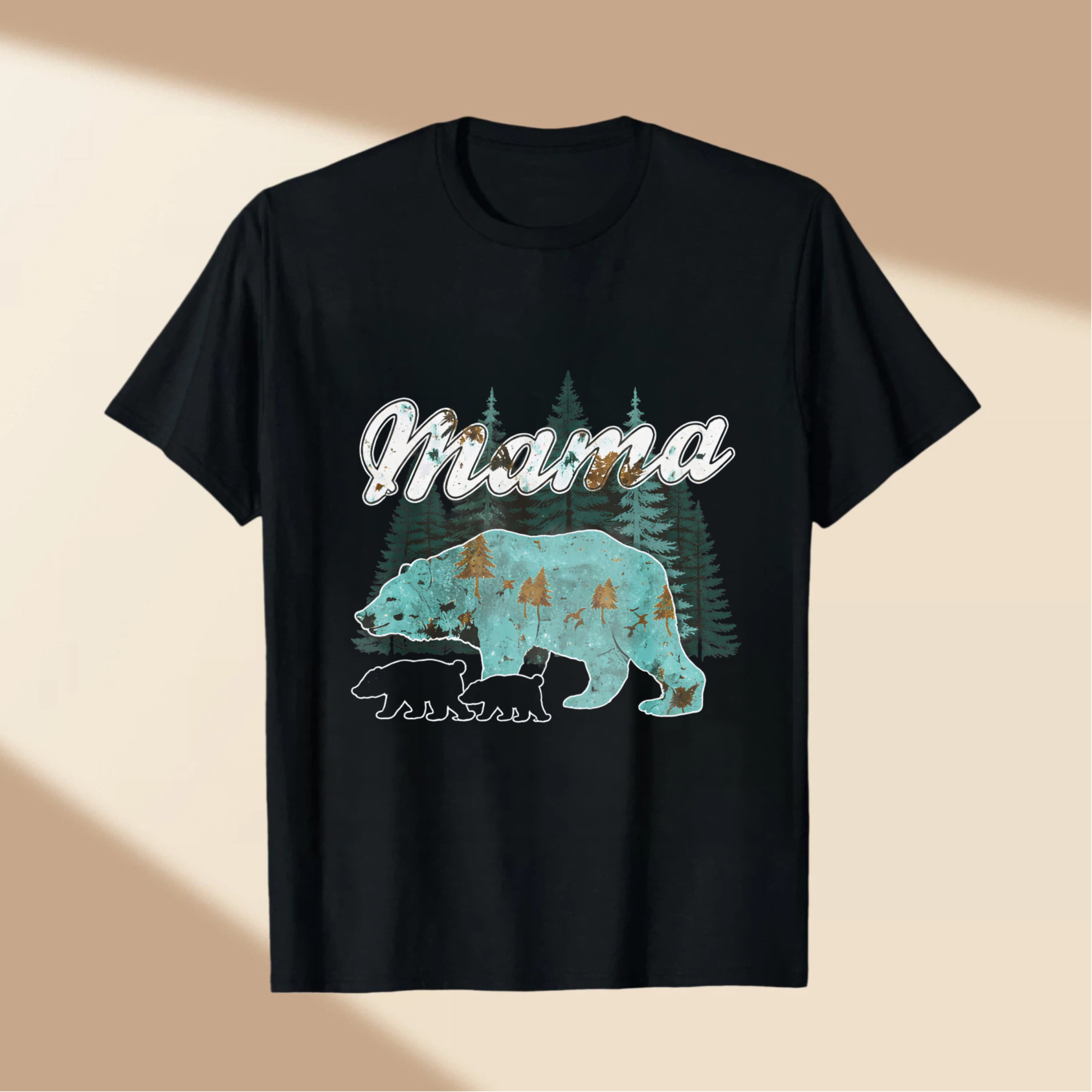 TEECURENT Mama Bear Forest Design Black T Shirt For Women And Men Nature Inspired Graphic Tee With Bear And Trees Pattern Casual Wear WOMEN