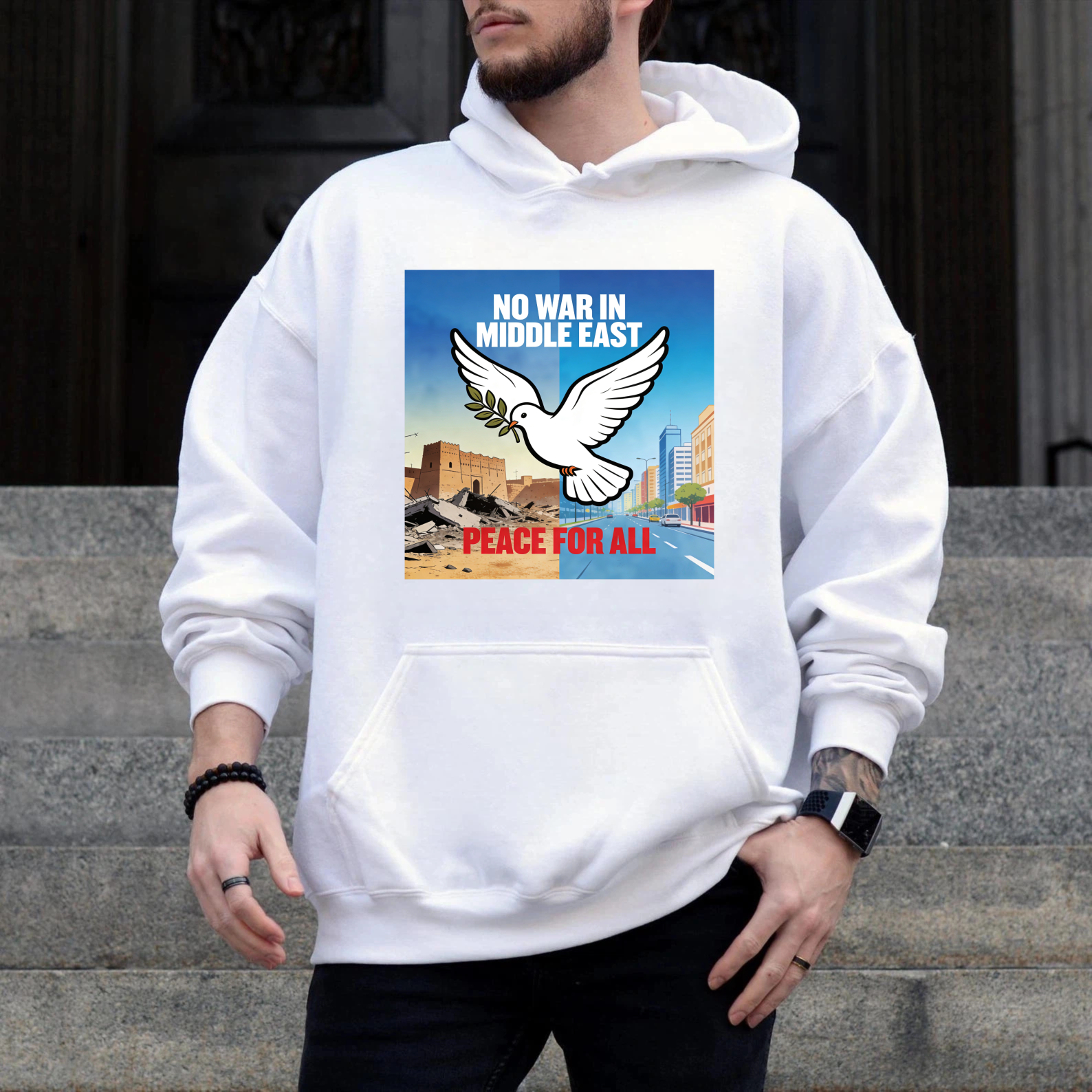 TEECURENT No War In Middle East Peace For All Hoodie With Dove And Olive Branch Graphic Design For Peace Advocacy And Social Awareness