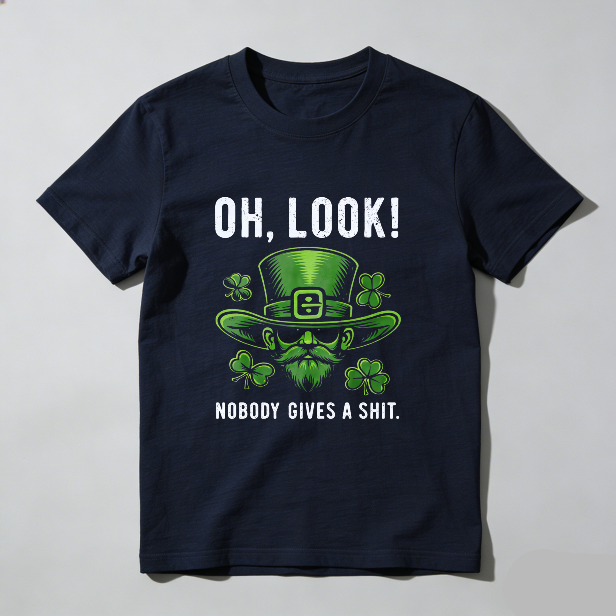 TEECURENT Oh Look Nobody Gives A Shit St Patrick's Day T-Shirt With Leprechaun Hat And Shamrocks Design For Men Women Funny Irish Holiday Shirt