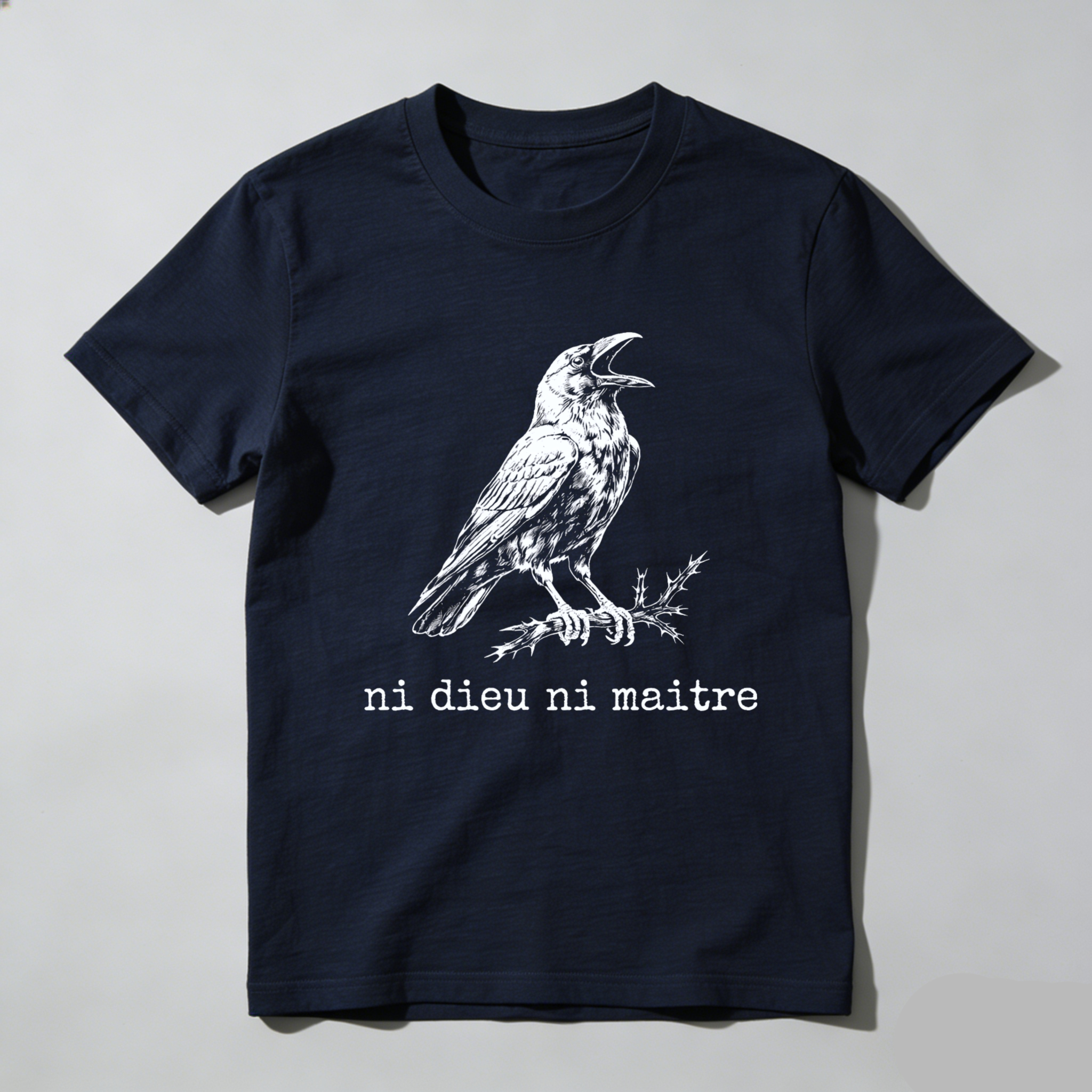 TEECURENTBlack T Shirt With Raven And Ni Dieu Ni Maitre Text For Men And Women-TeeCurent