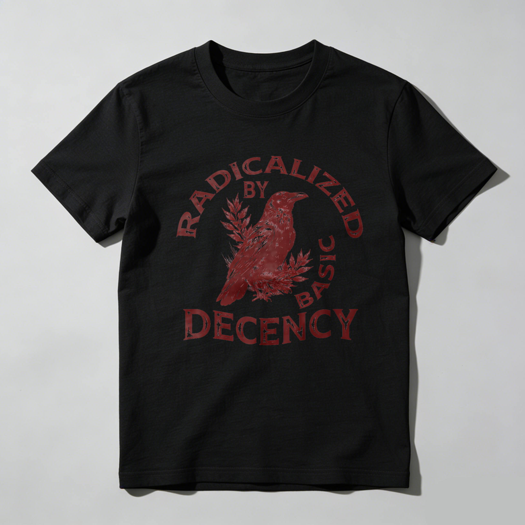 TEECURENTRadicalized By Basic Decency T Shirt Black Red Bird Graphic Men Women Unisex Fashion Statement Tee-TeeCurent