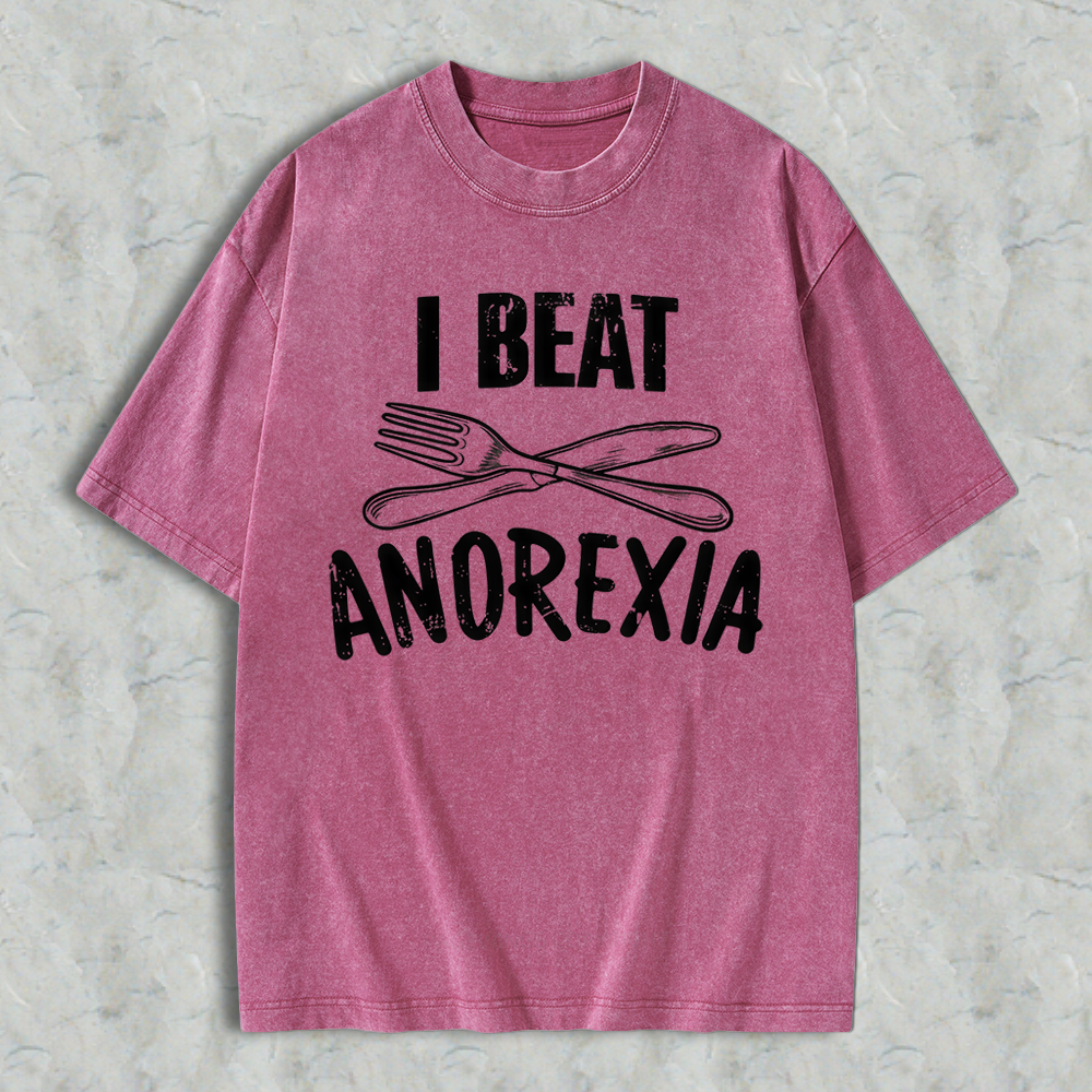 I Beat Anorexia Novelty Graphic  Washed T-shirt