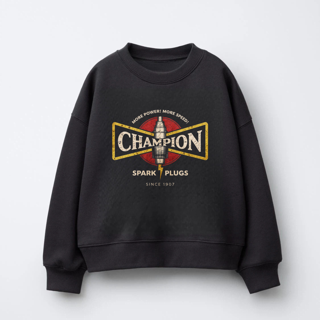 TEECURENT Champion Spark Plugs Vintage Logo Crewneck Sweatshirt Black Unisex Casual Sweatshirt With Classic Automotive Design