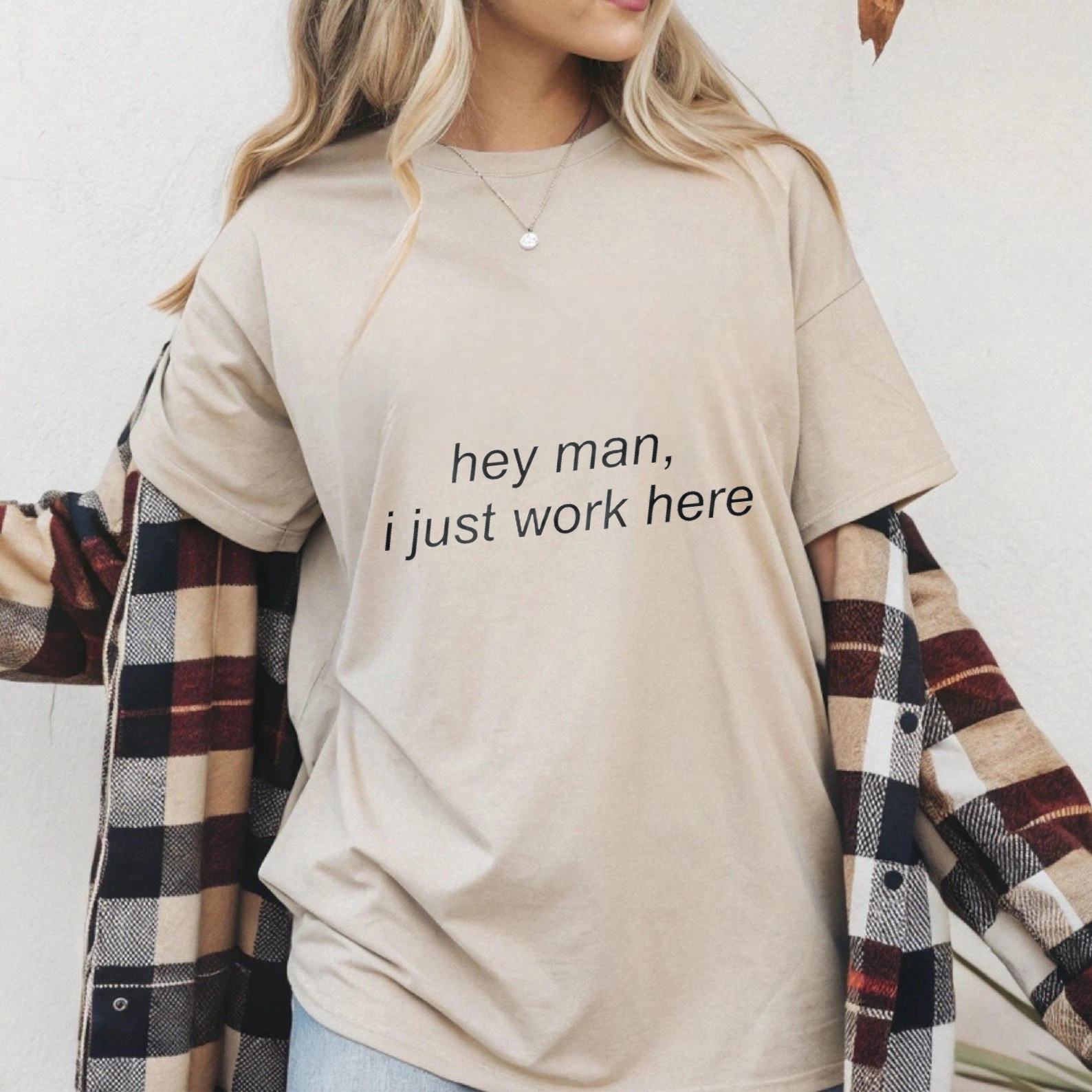TEECURENT Hey Man I Just Work Here T Shirt Funny Casual Tee For Men And Women WOMEN