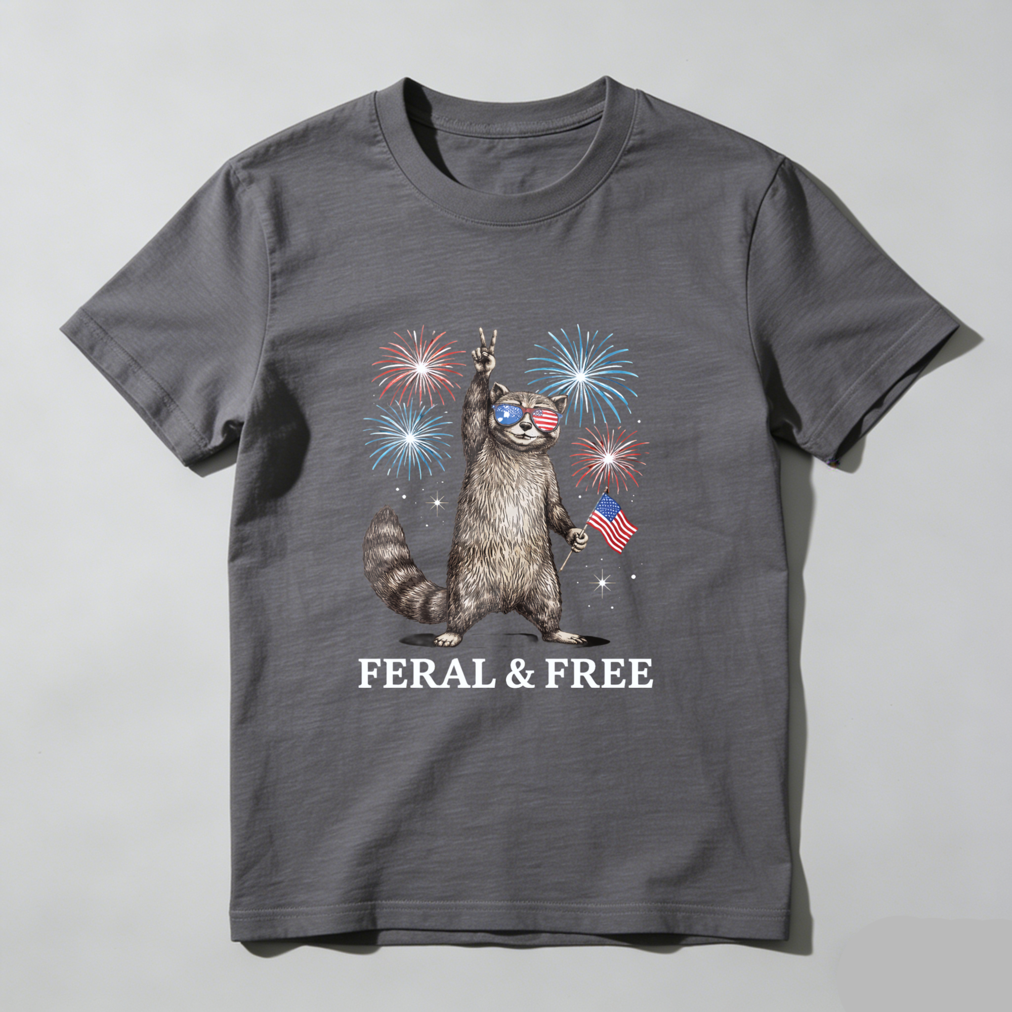 TEECURENT Feral And Free Cat With American Flag And Fireworks T Shirt WOMEN
