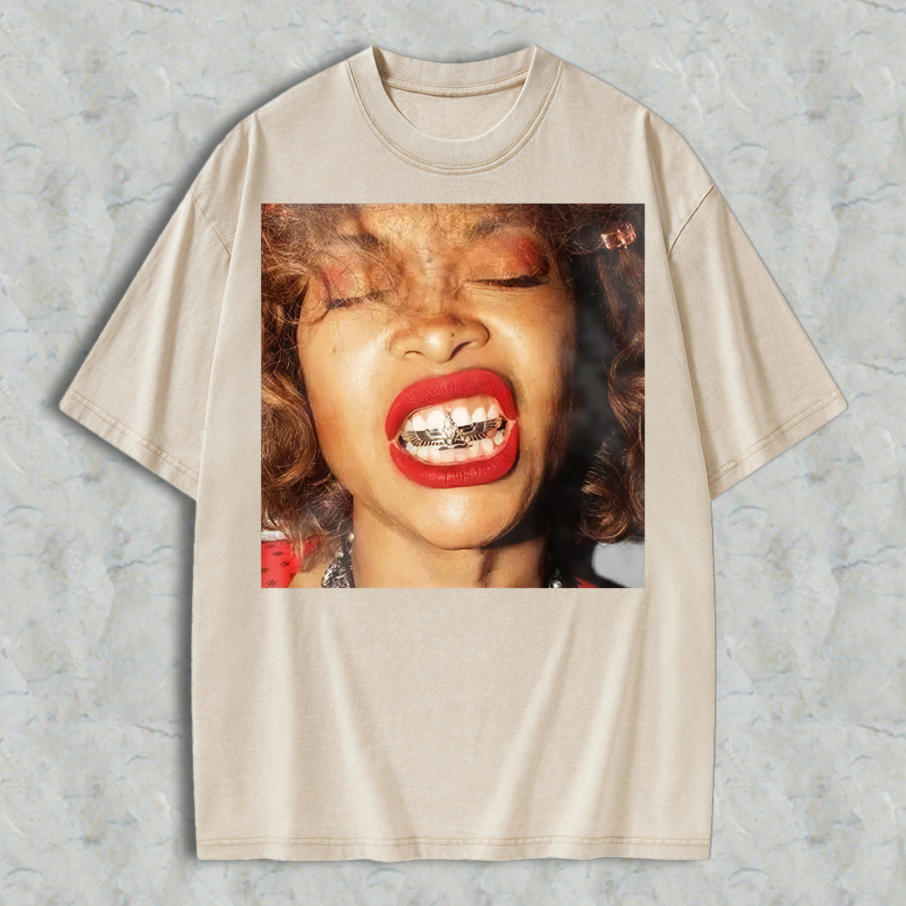 Woman With Red Lipstick And Braces Unisex Washed T-shirt
