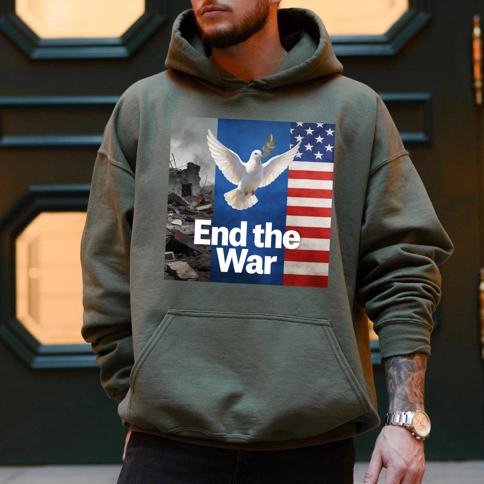 TEECURENT End The War Peace Dove American Flag Hoodie Anti War Message Sweatshirt For Men And Women