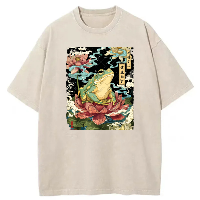 Frog On Lotus Flower With Japanese Text tshirt 100% cotton