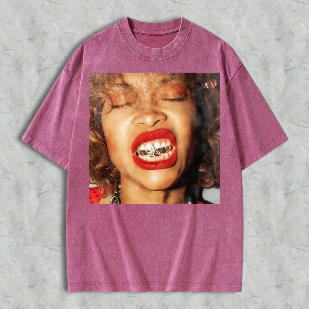 Woman With Red Lipstick And Braces Unisex Washed T-shirt