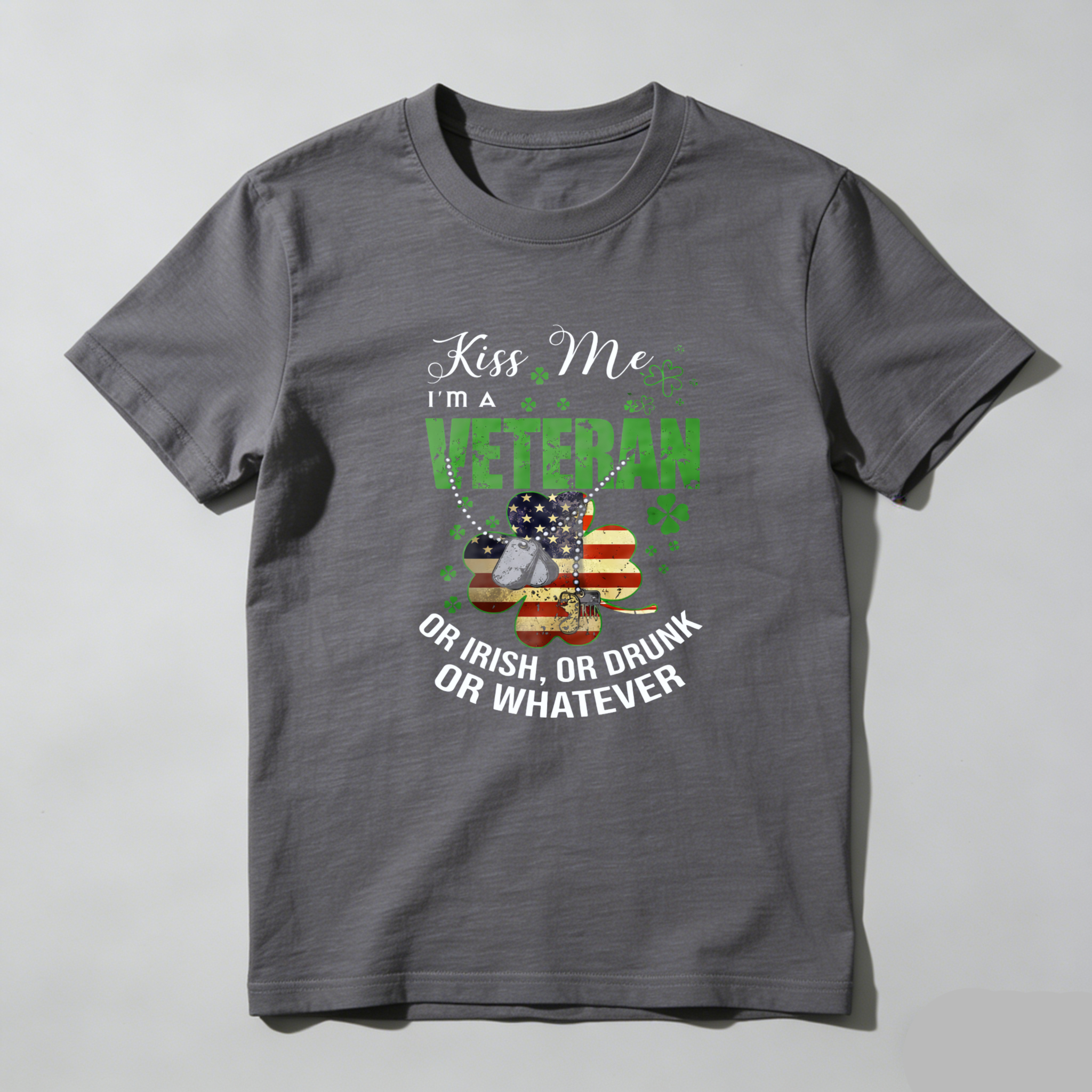 TEECURENT Kiss Me Im A Veteran Or Irish Or Drunk Or Whatever St Patrick Day T Shirt For Men And Women Patriotic Military Shamrock Design Black T Shirt