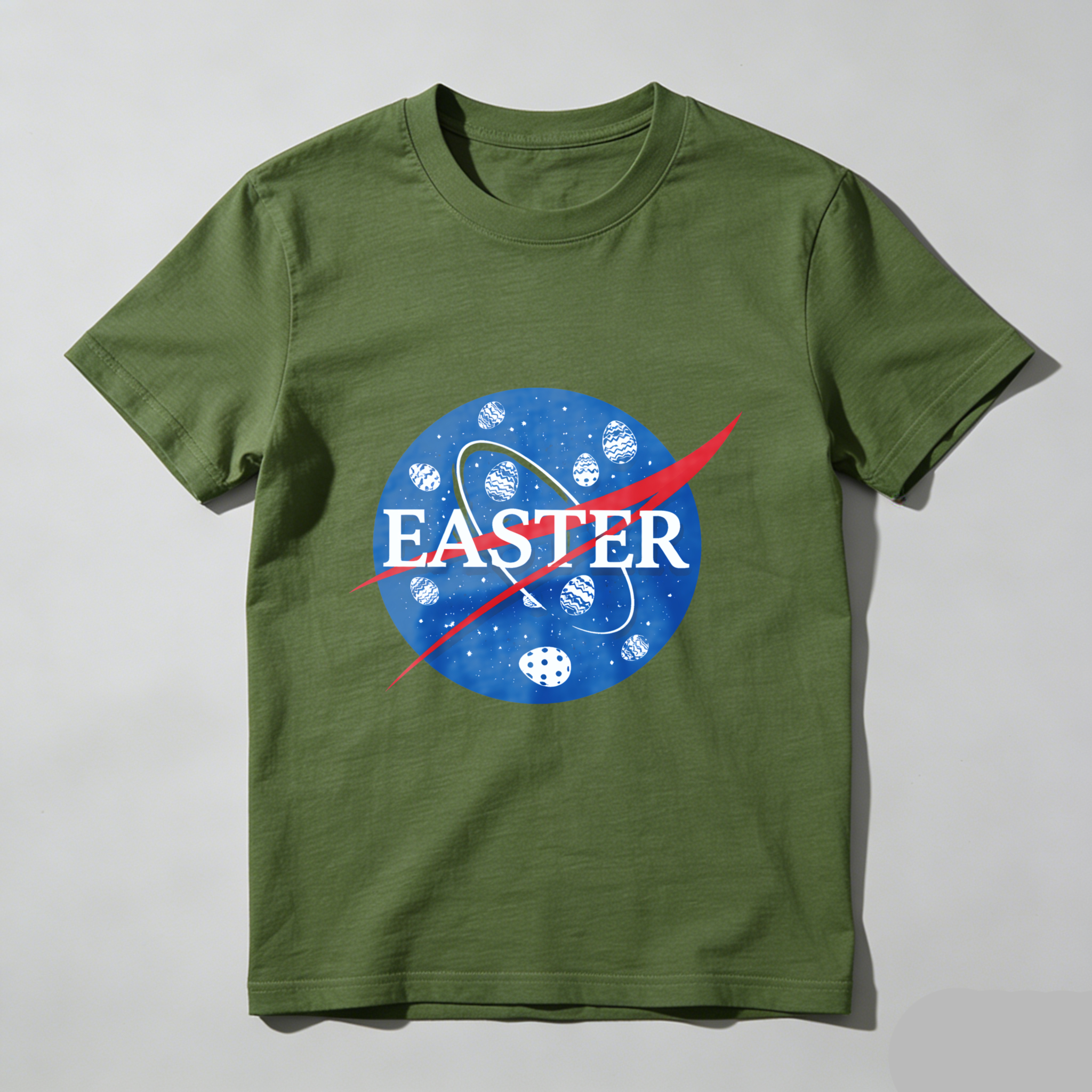 TEECURENT Easter Space Theme T-Shirt With Egg Pattern And Nasa Style Logo Design For Easter Celebration