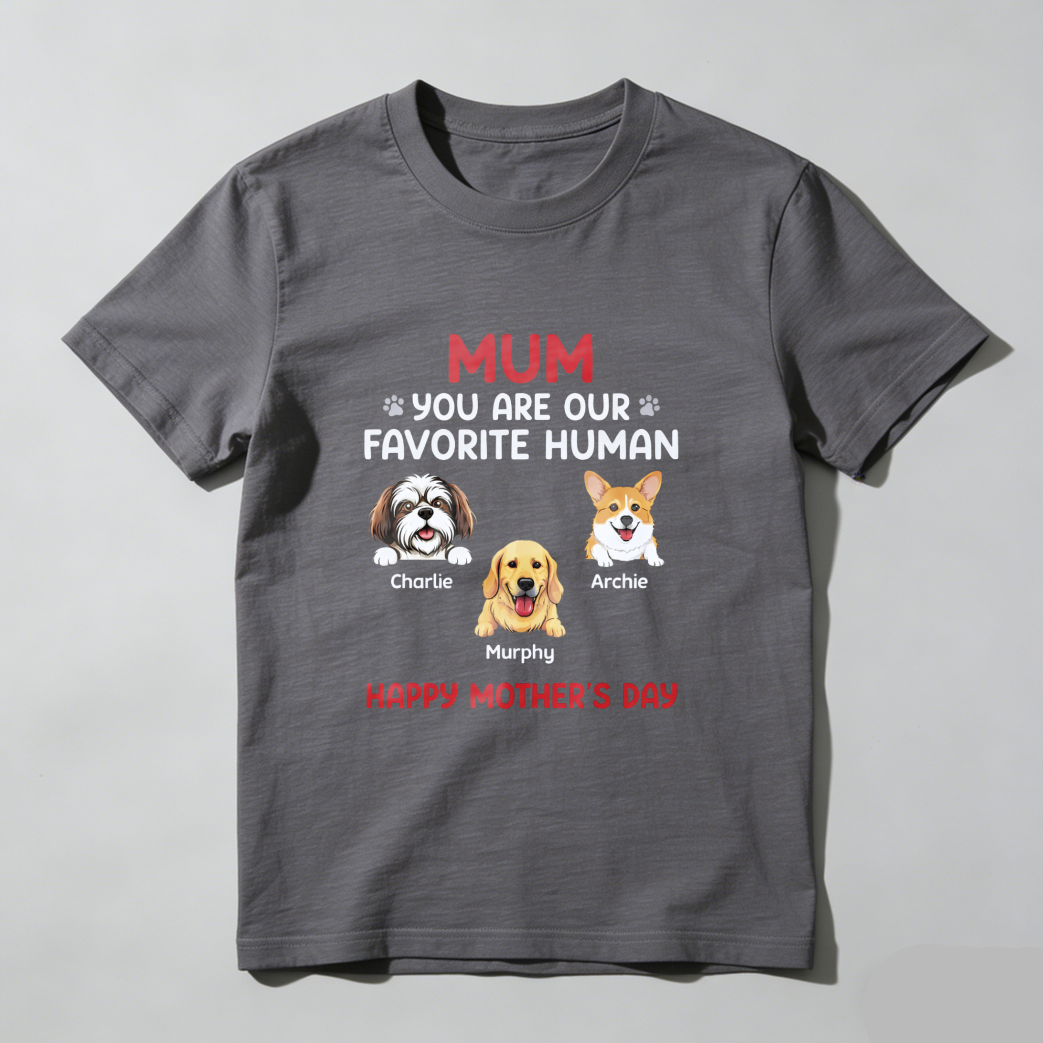 TEECURENT Personalized Dog Mom T Shirt Mum You Are Our Favorite Human Happy Mothers Day Custom Pet Lover Gift For Mother With Dog Names Charlie Murphy Archie WOMEN