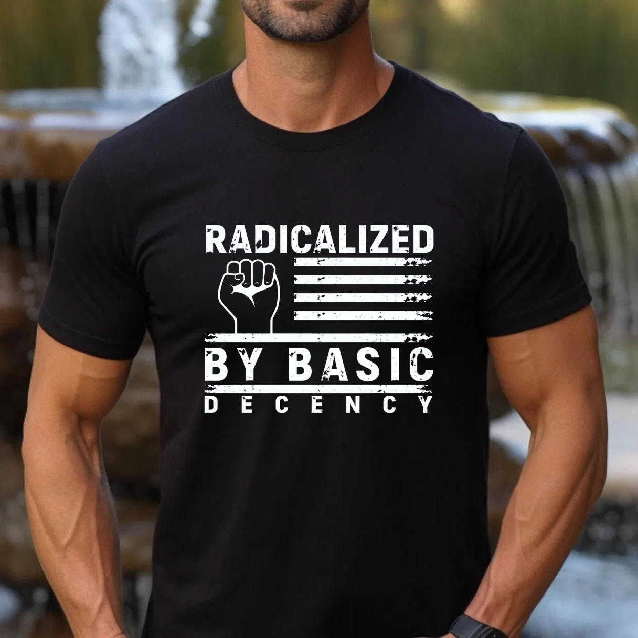 TEECURENTRadicalized By Basic Decency T Shirt With Fist And American Flag Design Black Men Women Unisex Streetwear Graphic Tee-TeeCurent
