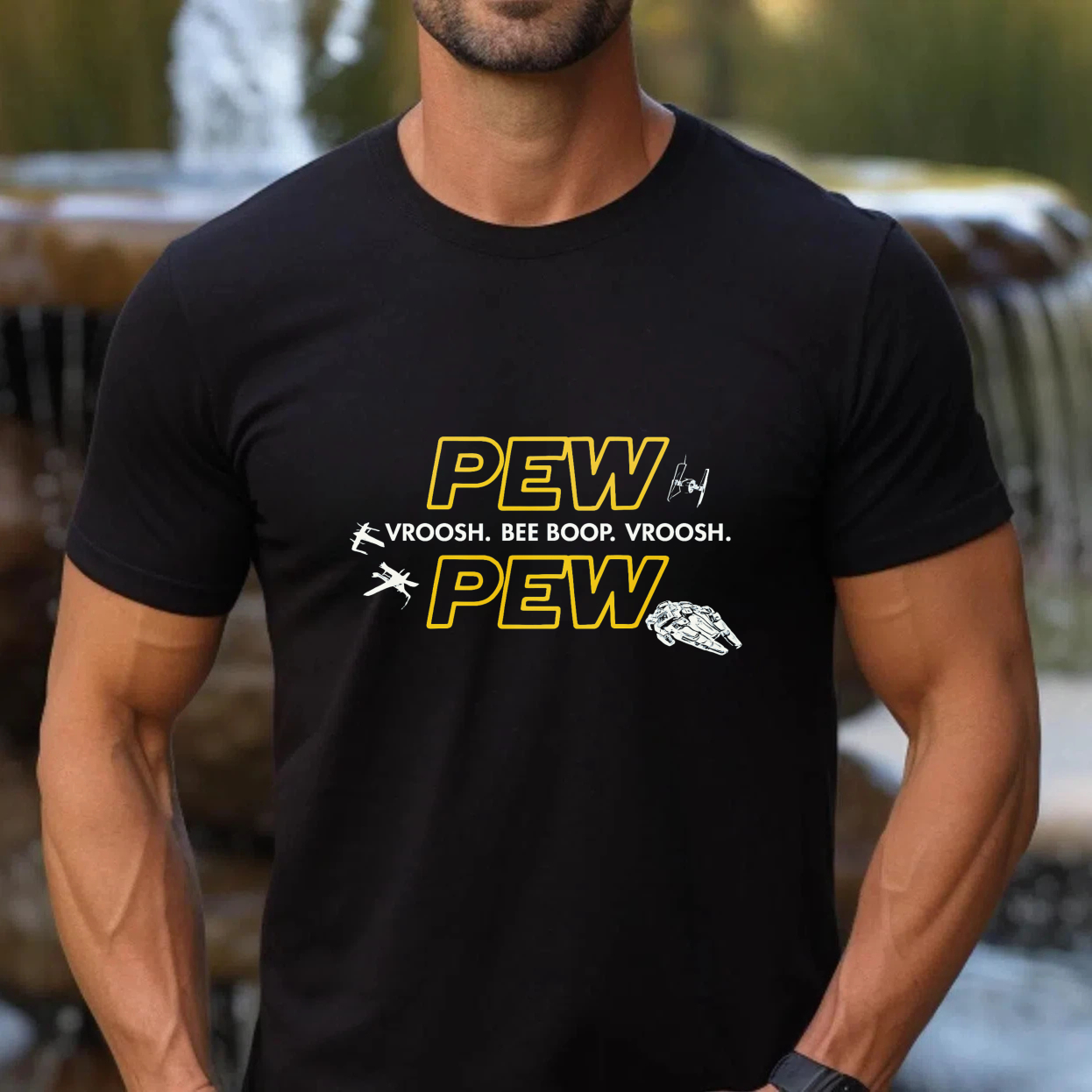 TEECURENT Pew Pew Star Wars Inspired T-Shirt With Spaceship And Sound Effects Design For Fans Of Sci Fi And Pop Culture