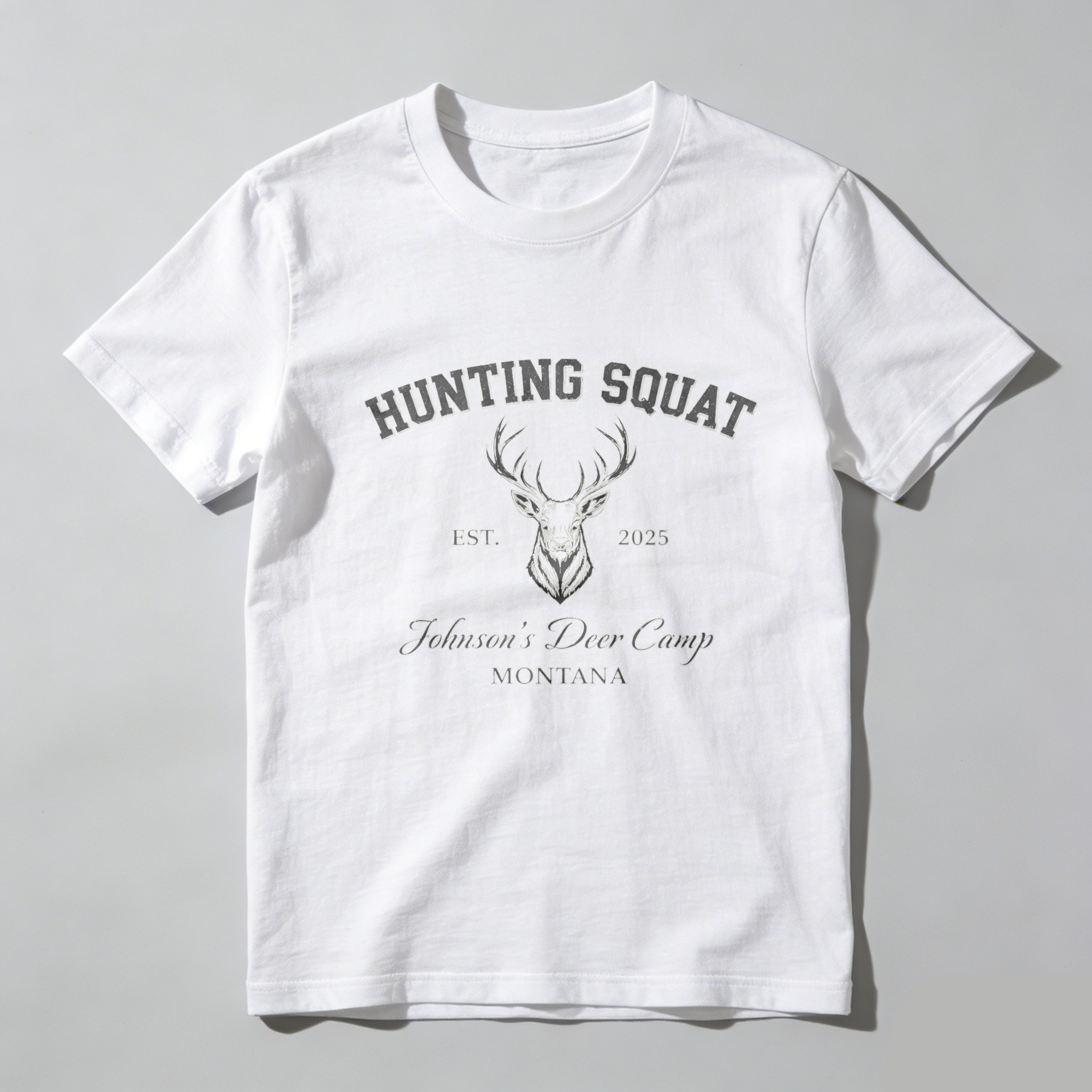 TEECURENT Hunting Squat Johnsons Deer Camp Montana Est 2025 T Shirt Black-TeeCurent