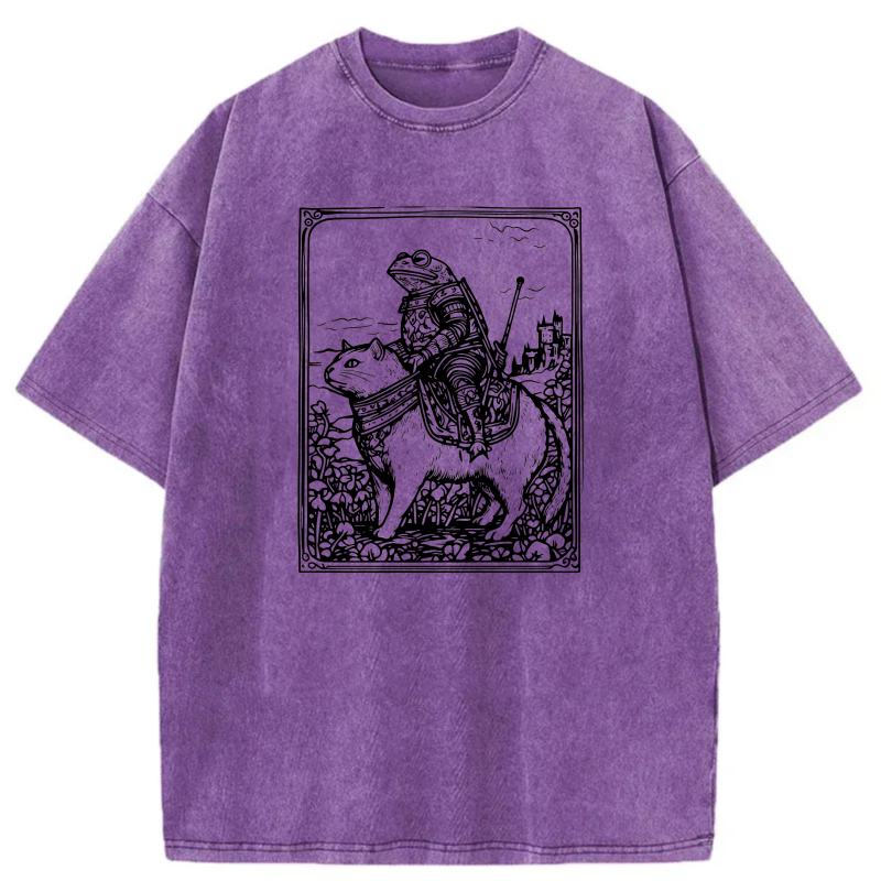 Knight Riding Cat With Castle Background tshirt 100% cotton