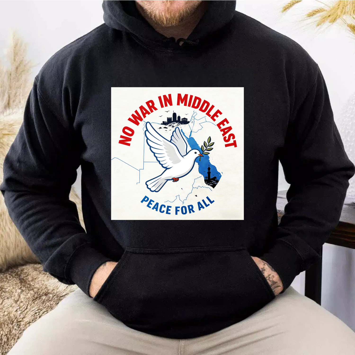 TEECURENT No War In Middle East Peace For All Hoodie Anti War Message Sweatshirt For Men Women Unisex Pullover With Dove And Olive Branch Design