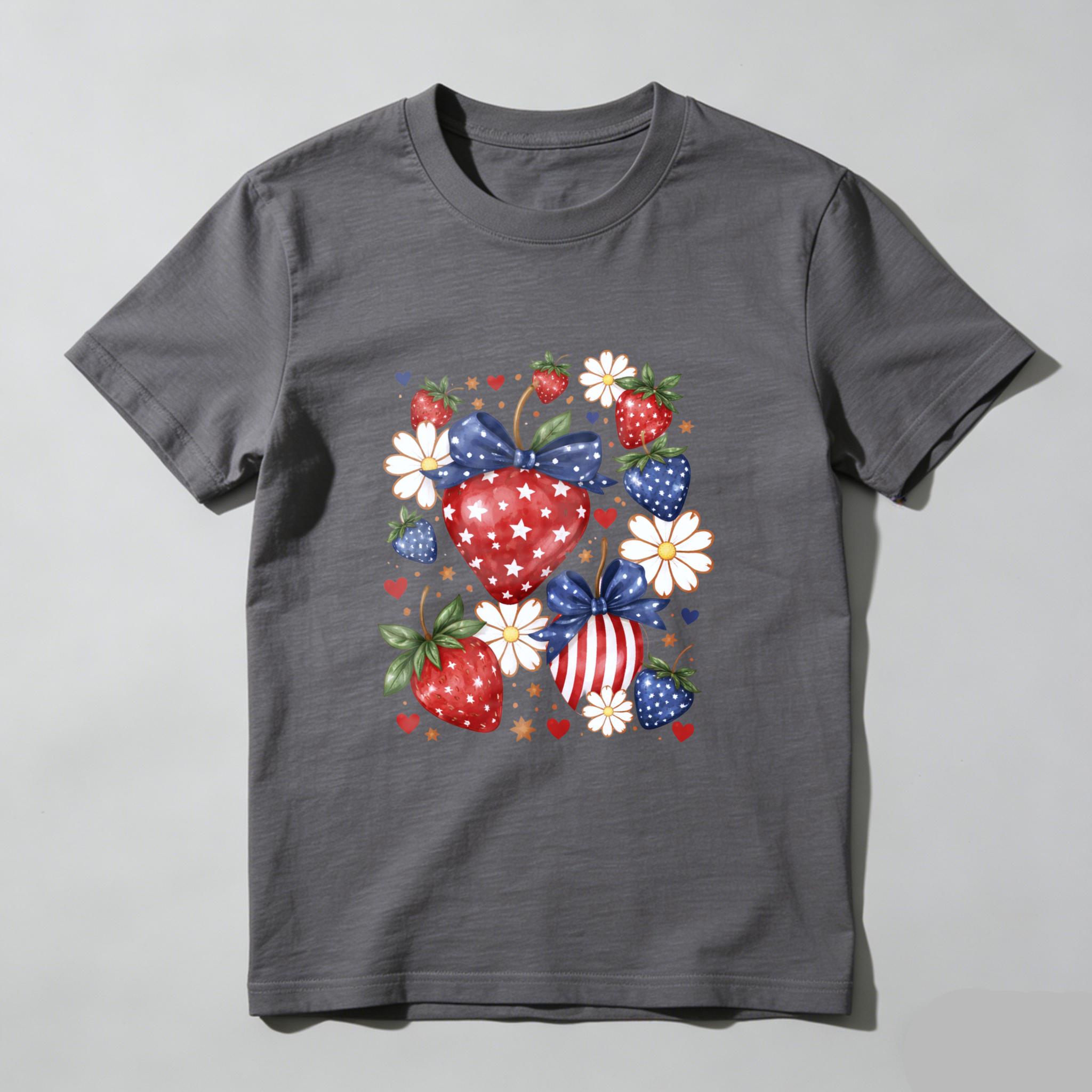 TEECURENT Patriotic Strawberry Heart Design American Flag Theme T Shirt Independence Day Celebration Apparel Red White Blue Stars And Stripes Fruit Pattern Casual Wear For Men Women Unisex Fashion Top WOMEN