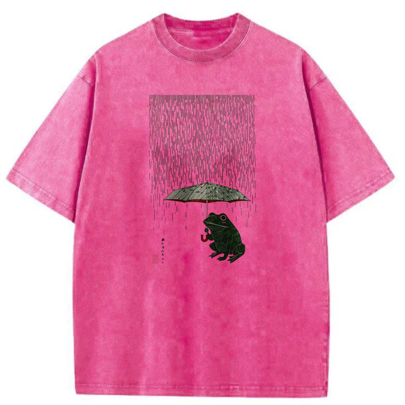 Frog Under Umbrella In Rainy Scene tshirt 100% cotton