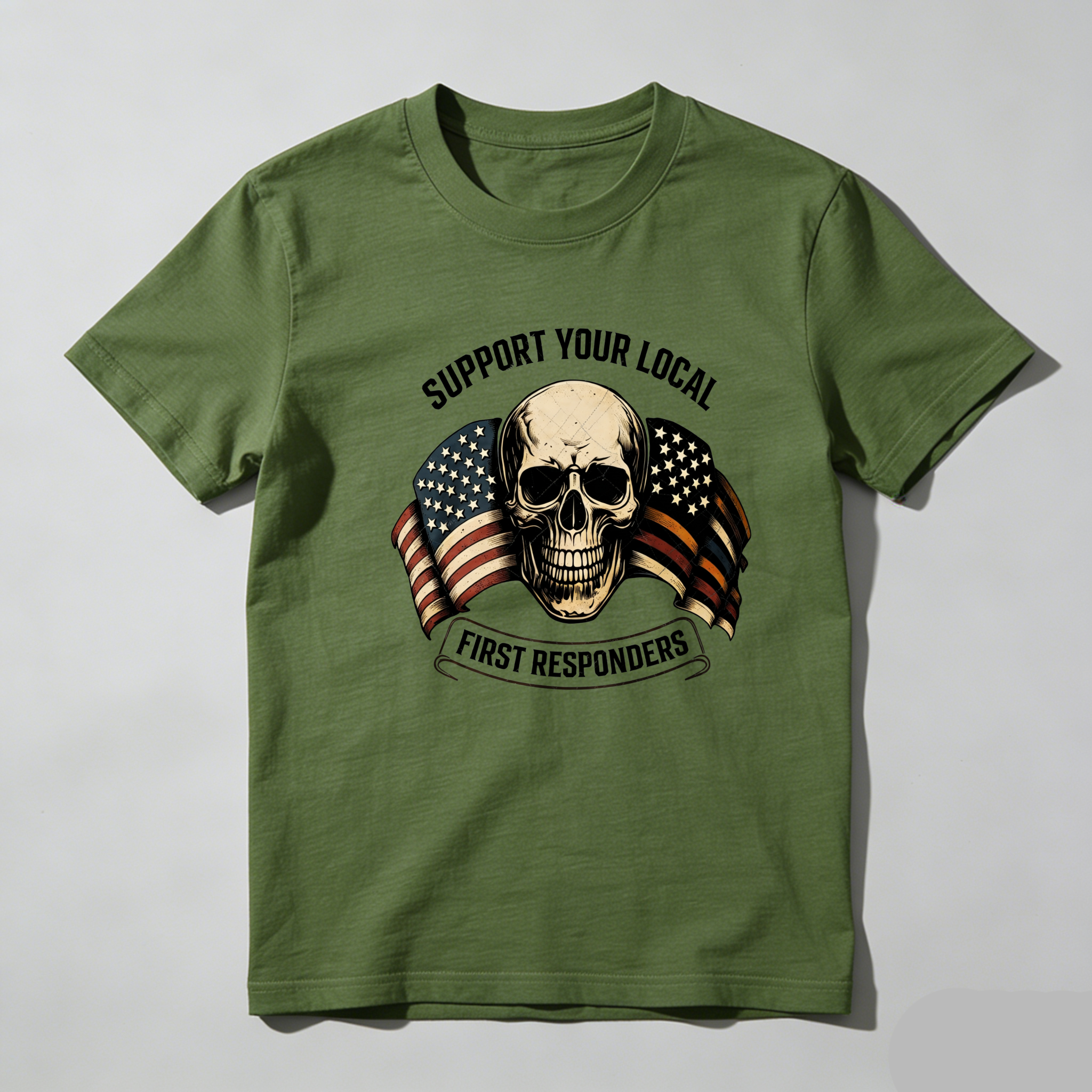 TEECURENT Support Local First Responders Skull Flag Pure Cotton Short Sleeve T Shirt-TeeCurent