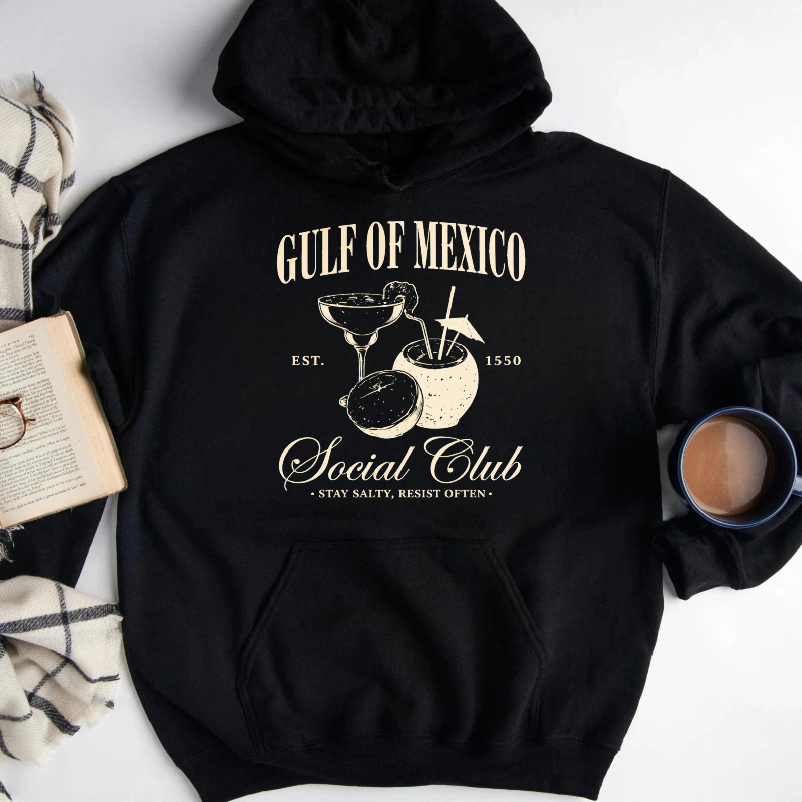 TEECURENT Gildan Gulf Of Mexico Social Club Hoodie Est 1550 Stay Salty Resist Optn Cocktail Design Black Sweatshirt