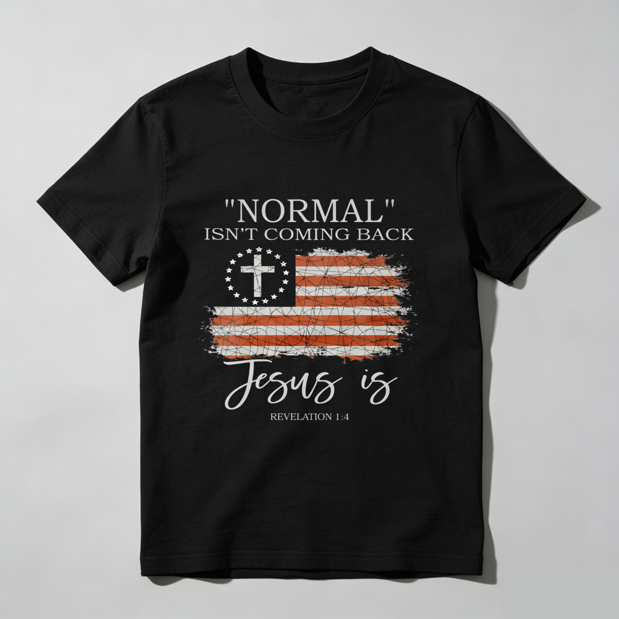TEECURENT Normal Isnt Coming Back Jesus Is Revelation 14 American Flag Cross Christian T Shirt WOMEN