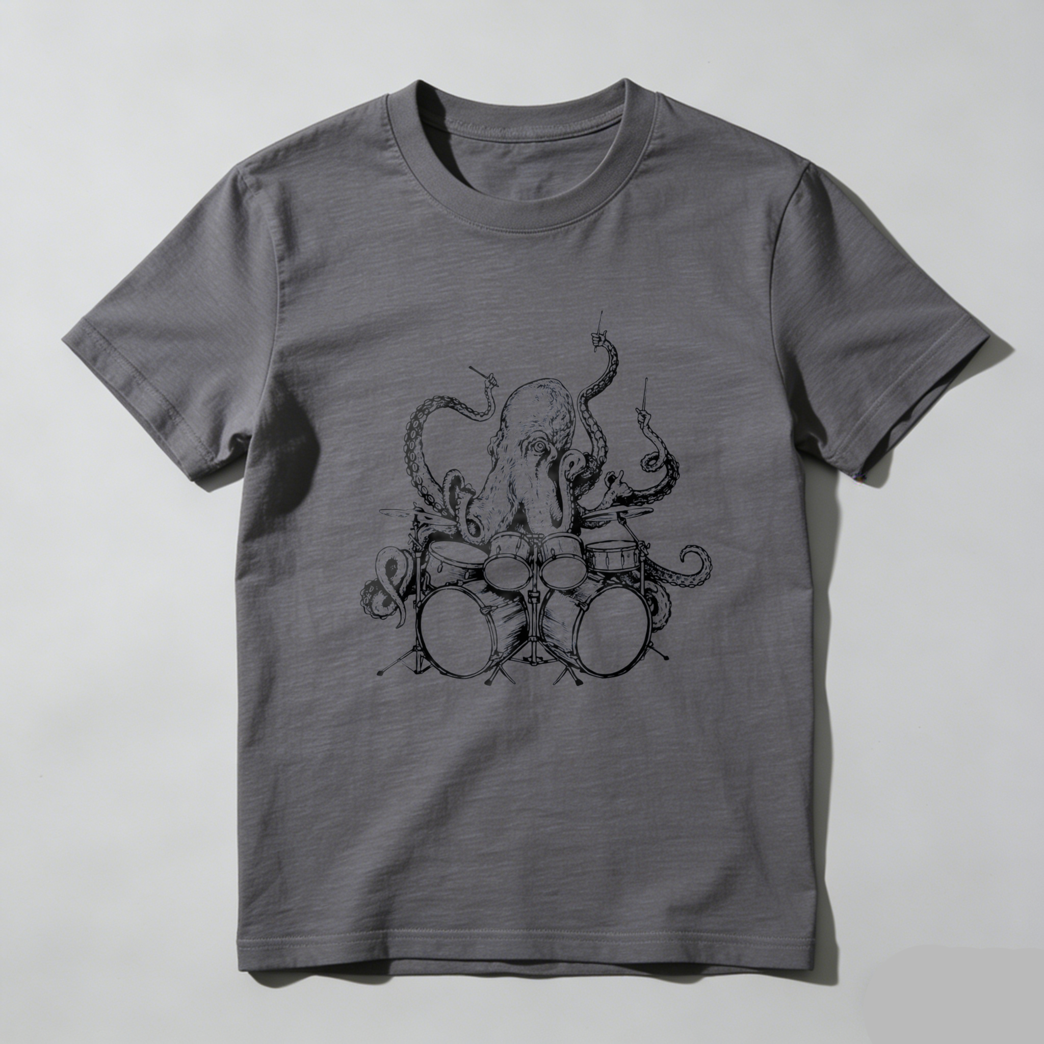Octopus Drummer Music Band T Shirt Rock And Roll Punk Art Design Black Cotton Tee For Men Women Unisex Apparel Gift