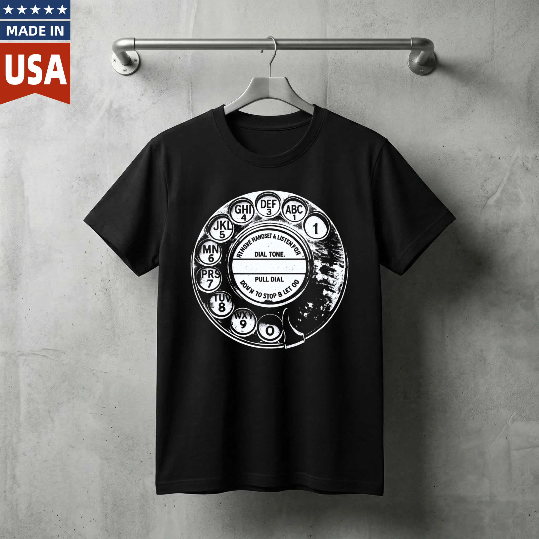 Vintage Rotary Phone Dial Design T-Shirt Made In Usa Classic Retro Telephone Graphic Unisex Black Shirt