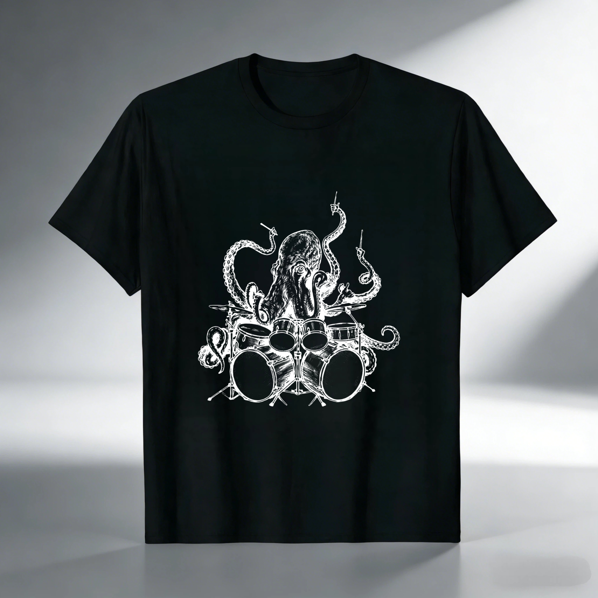 Octopus Drummer Music Band T Shirt Rock And Roll Punk Art Design Black Cotton Tee For Men Women Unisex Apparel Gift